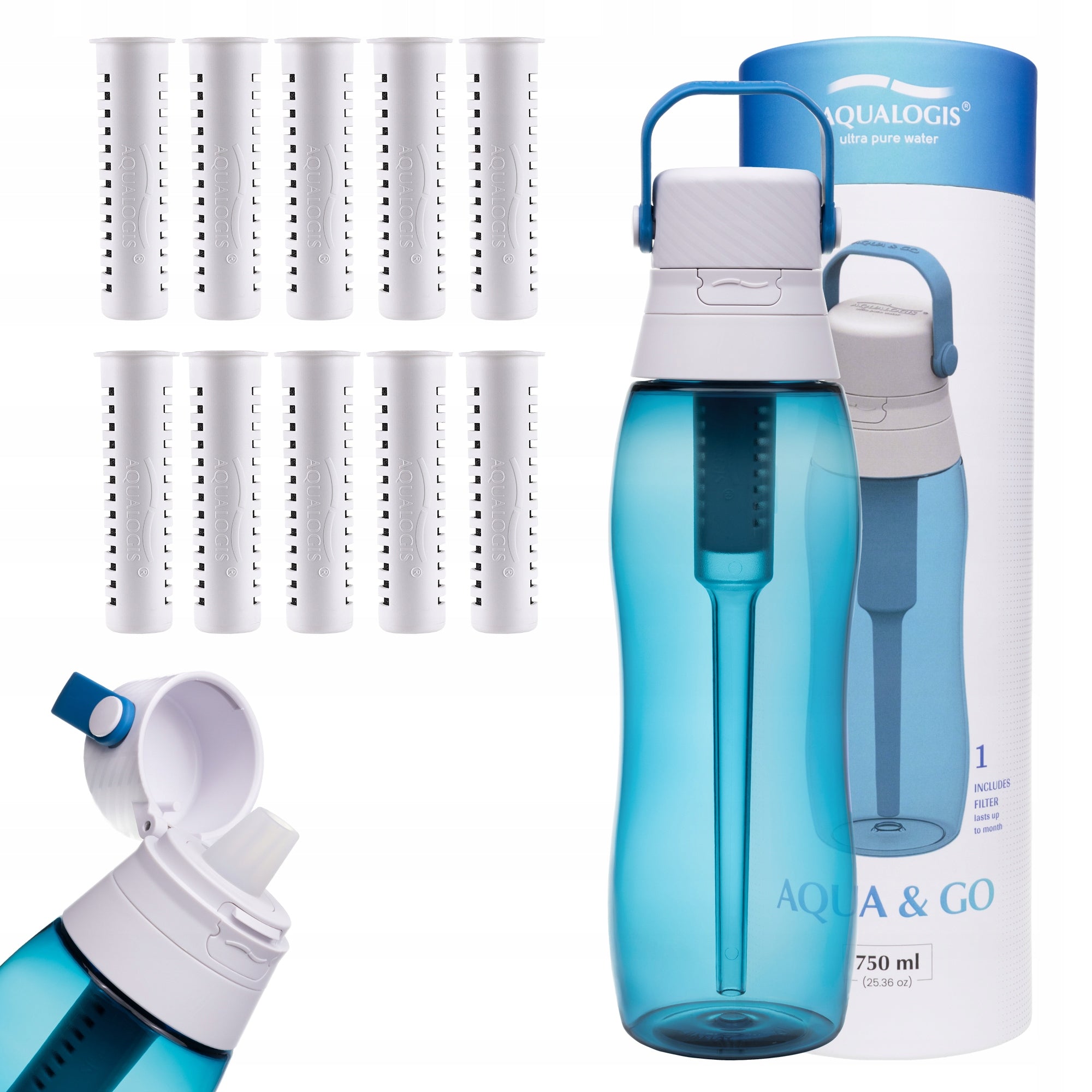 Filter bottle Aqualogis Aqua&Go 0,75 l blue + 10 cartridges