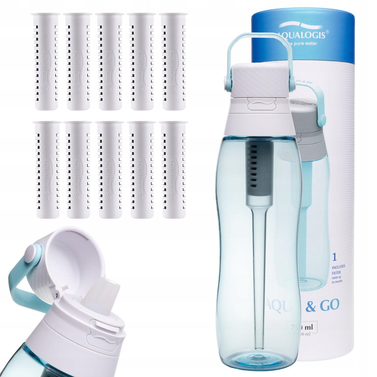 Filter bottle Aqualogis Aqua&Go 0,75 l blue + 10 cartridges