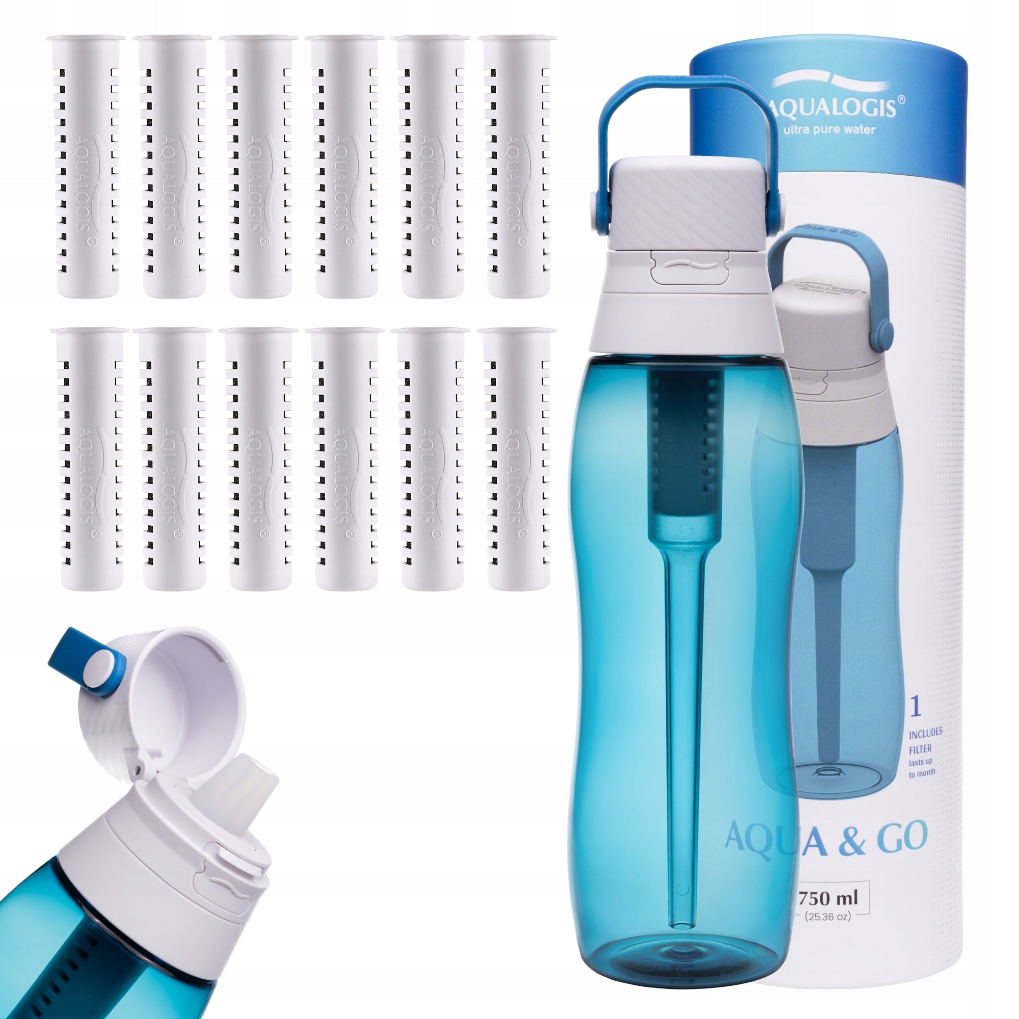 Filter bottle Aqualogis Aqua&Go 0,75 l blue + 12 cartridges