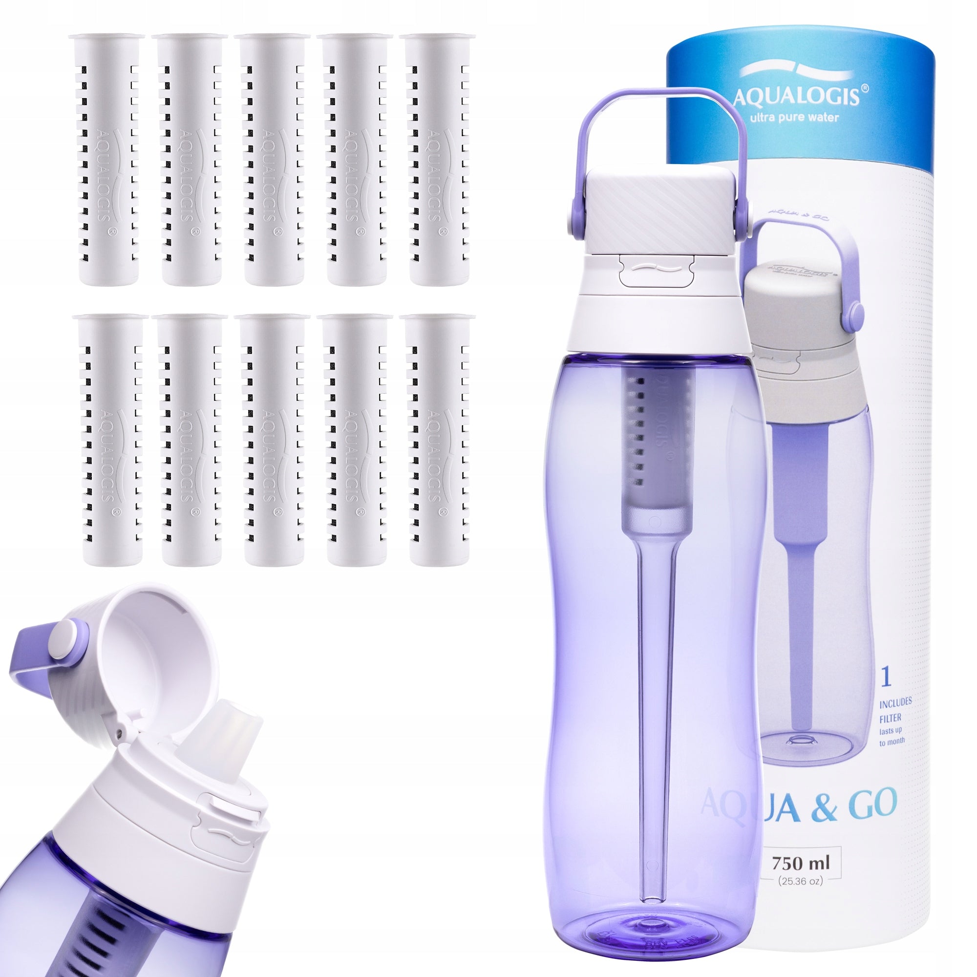 Filter bottle Aqualogis Aqua&Go 0,75 l purple + 10 refills