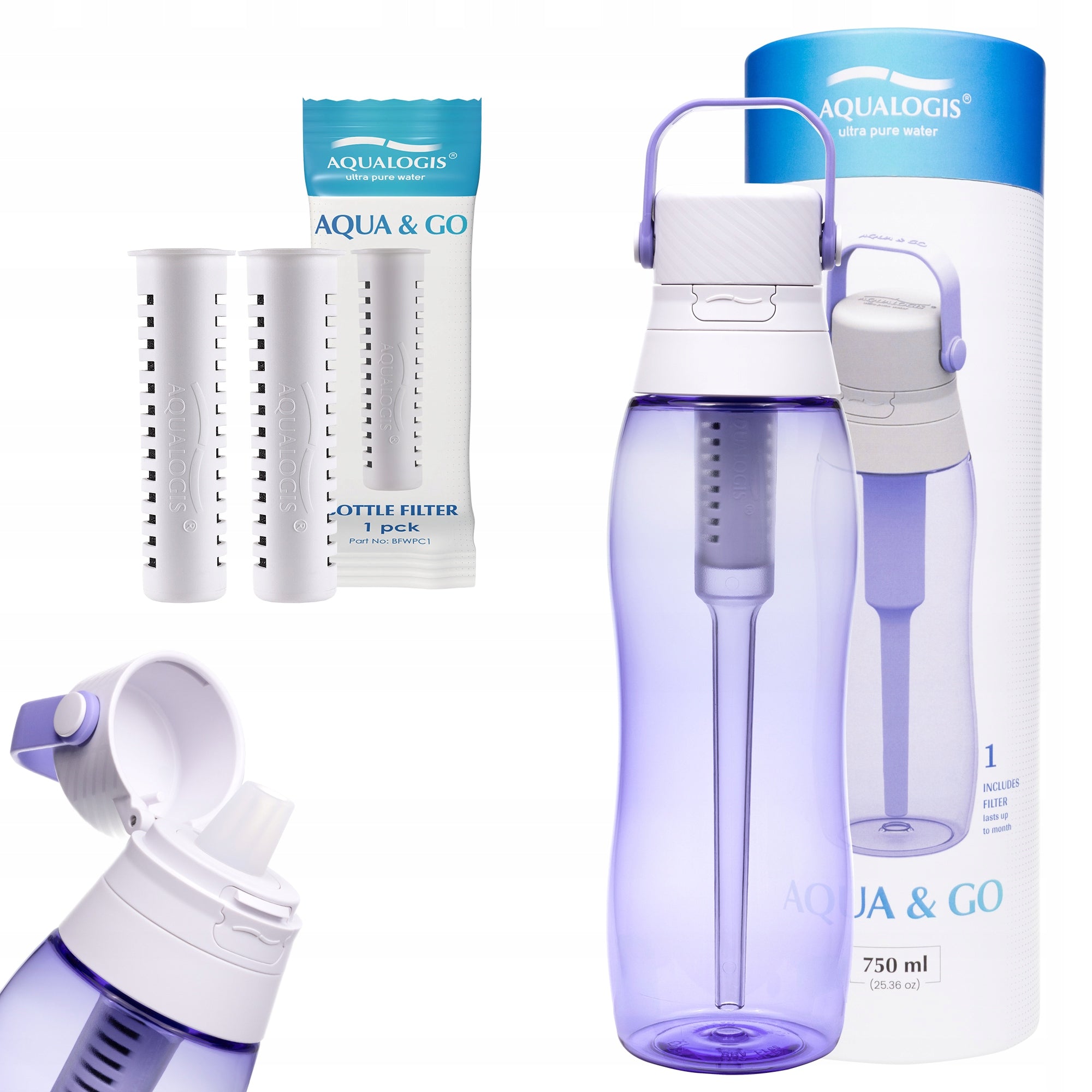 Filter bottle Aqualogis Aqua&Go 0,75 l purple + 2 refills