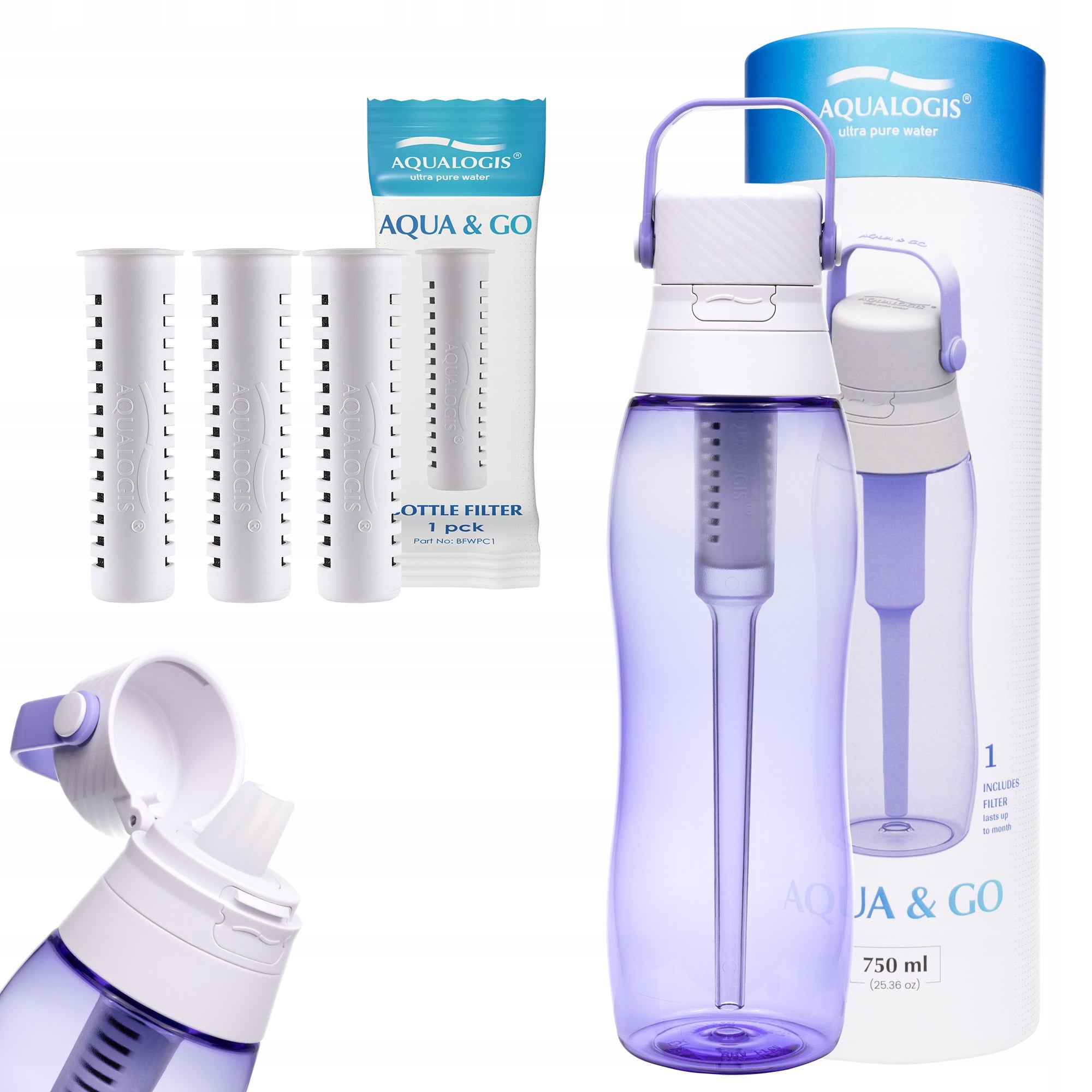 Filter bottle Aqualogis Aqua&Go 0,75 l purple + 3 refills