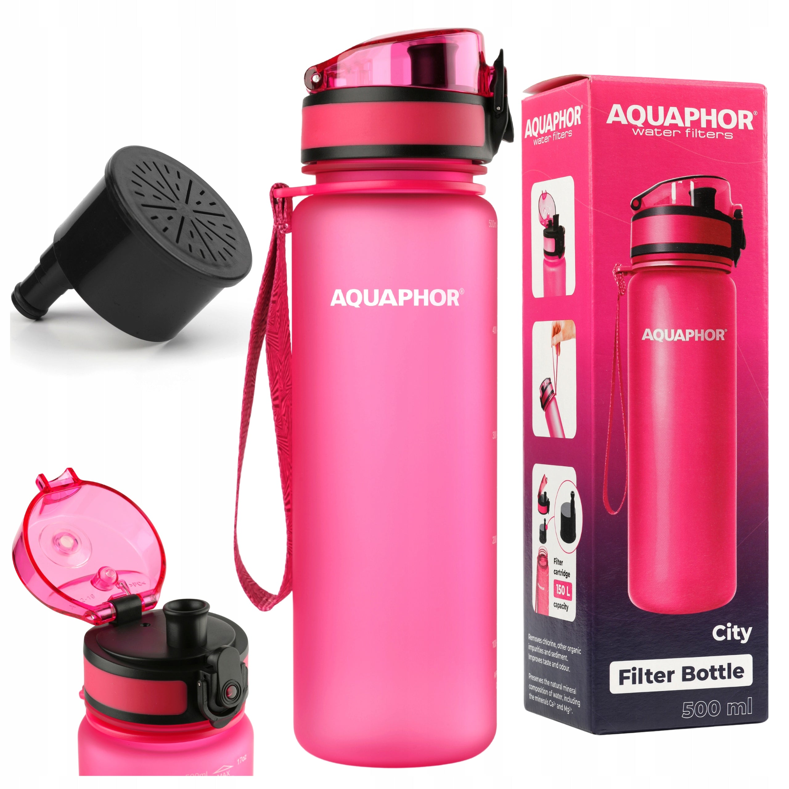 Filter bottle Aquaphor City 500 ml water bottle for walking 1 cartridge pink