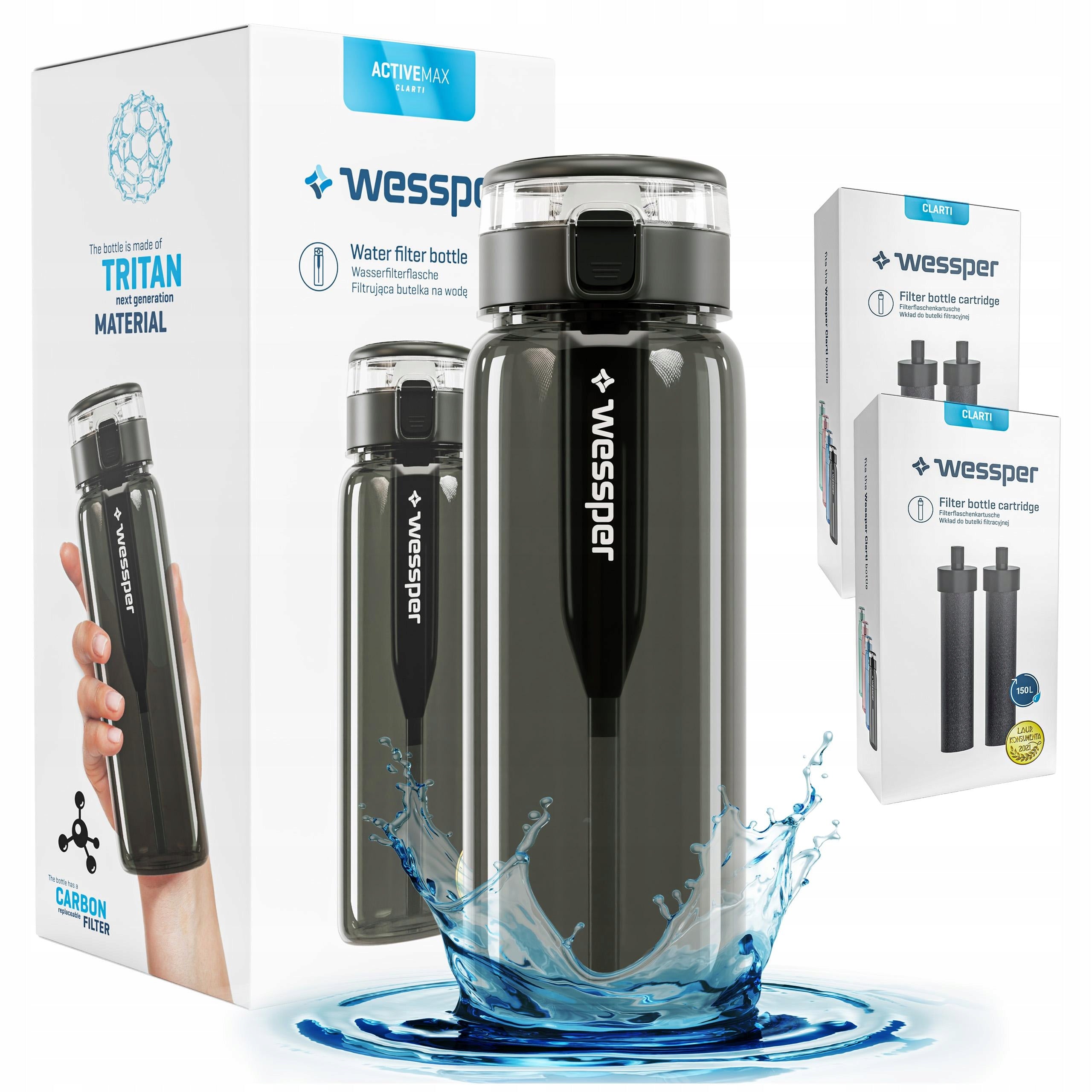 Filter bottle Wessper ActiveMax Clarti 0,68l Tritan black + 5x Filter
