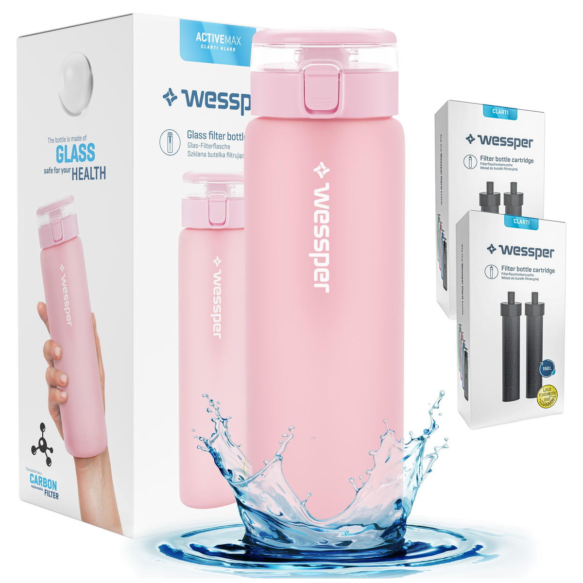 Filter bottle Wessper ActiveMax Clarti Glass 0,68l + 5x carbon filter