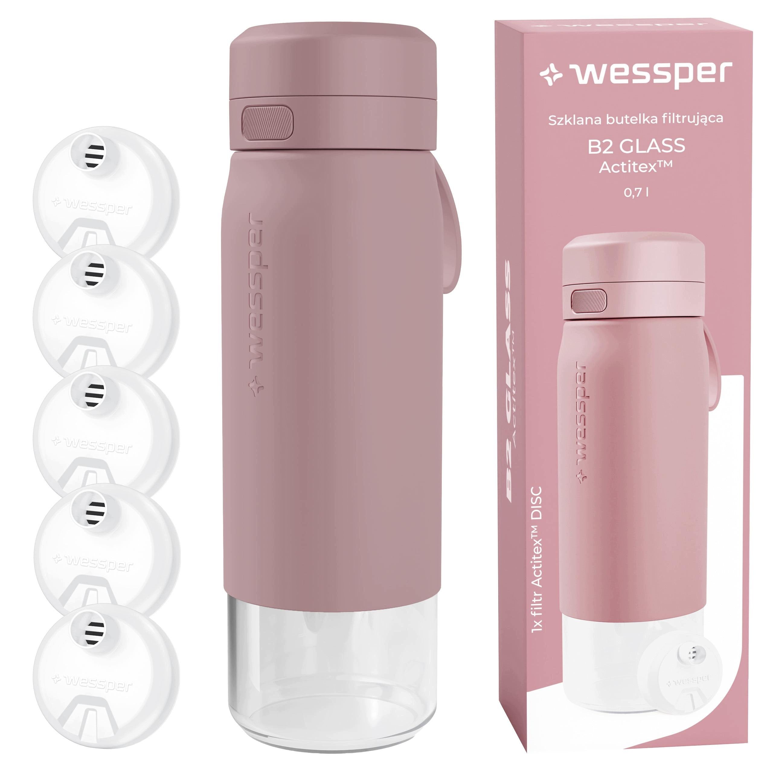Filter bottle glass water bottle WESSPER B2 ACTITEX 700ml +5x filter
