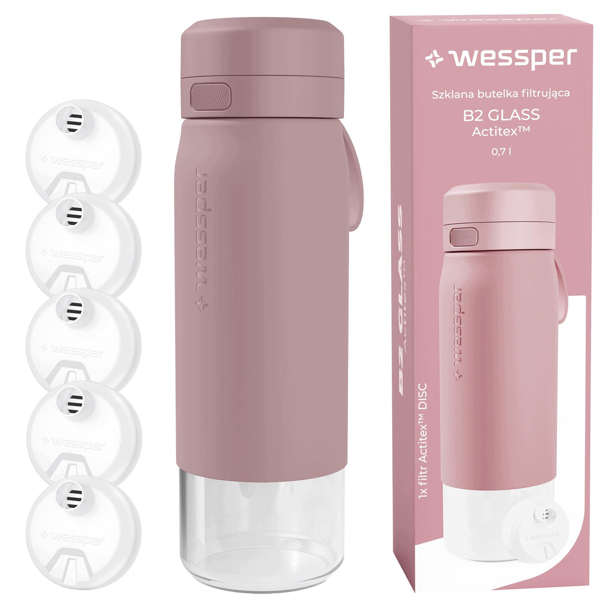 Filter bottle glass water bottle WESSPER B2 ACTITEX 700ml +5x filter