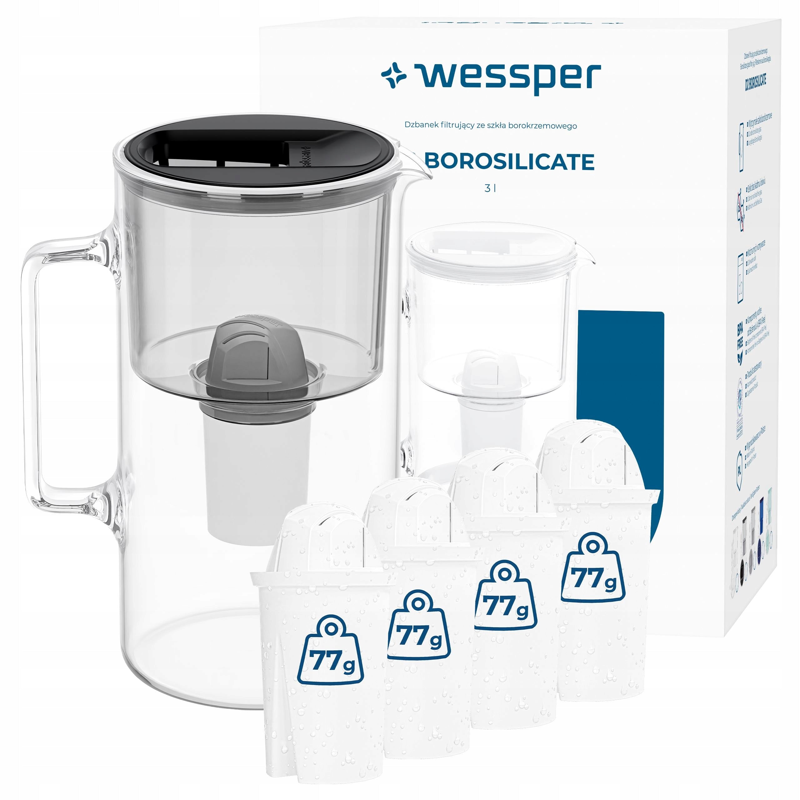 Filter glass jug Wessper D2 BOROSILICATE 3l black + 5x filter