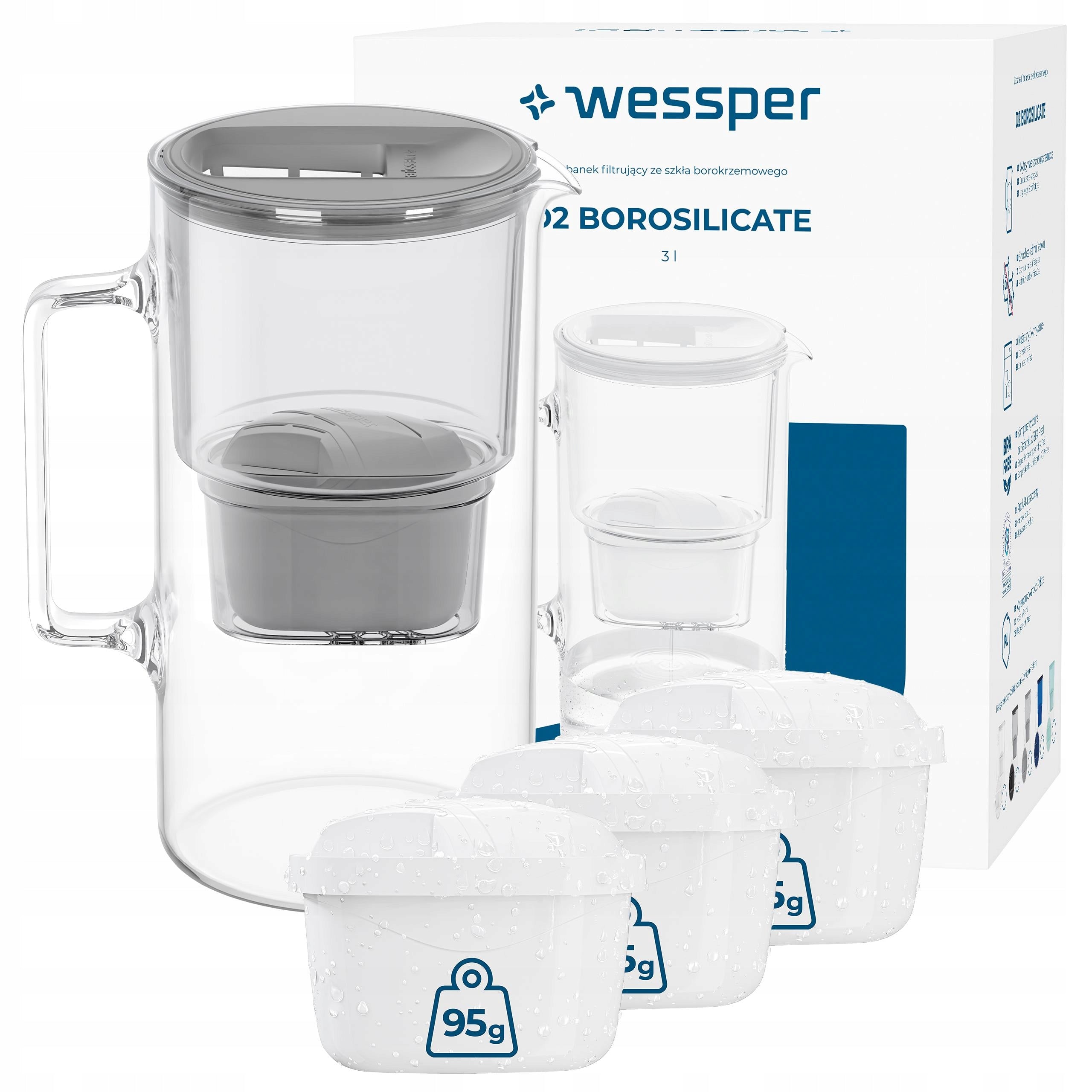 Filter glass jug Wessper D2 Borosilicate 3l grey + 4x filter