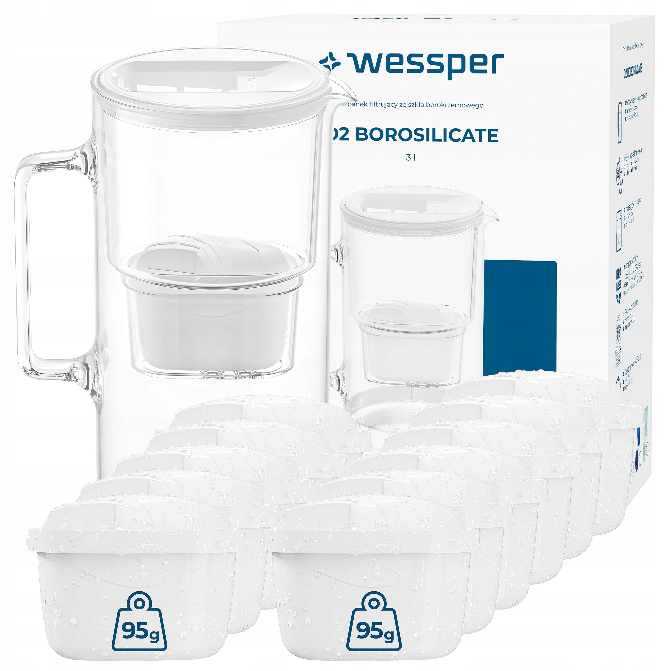 Filter glass jug Wessper D2 Borosilicate 3l white + 12x filter