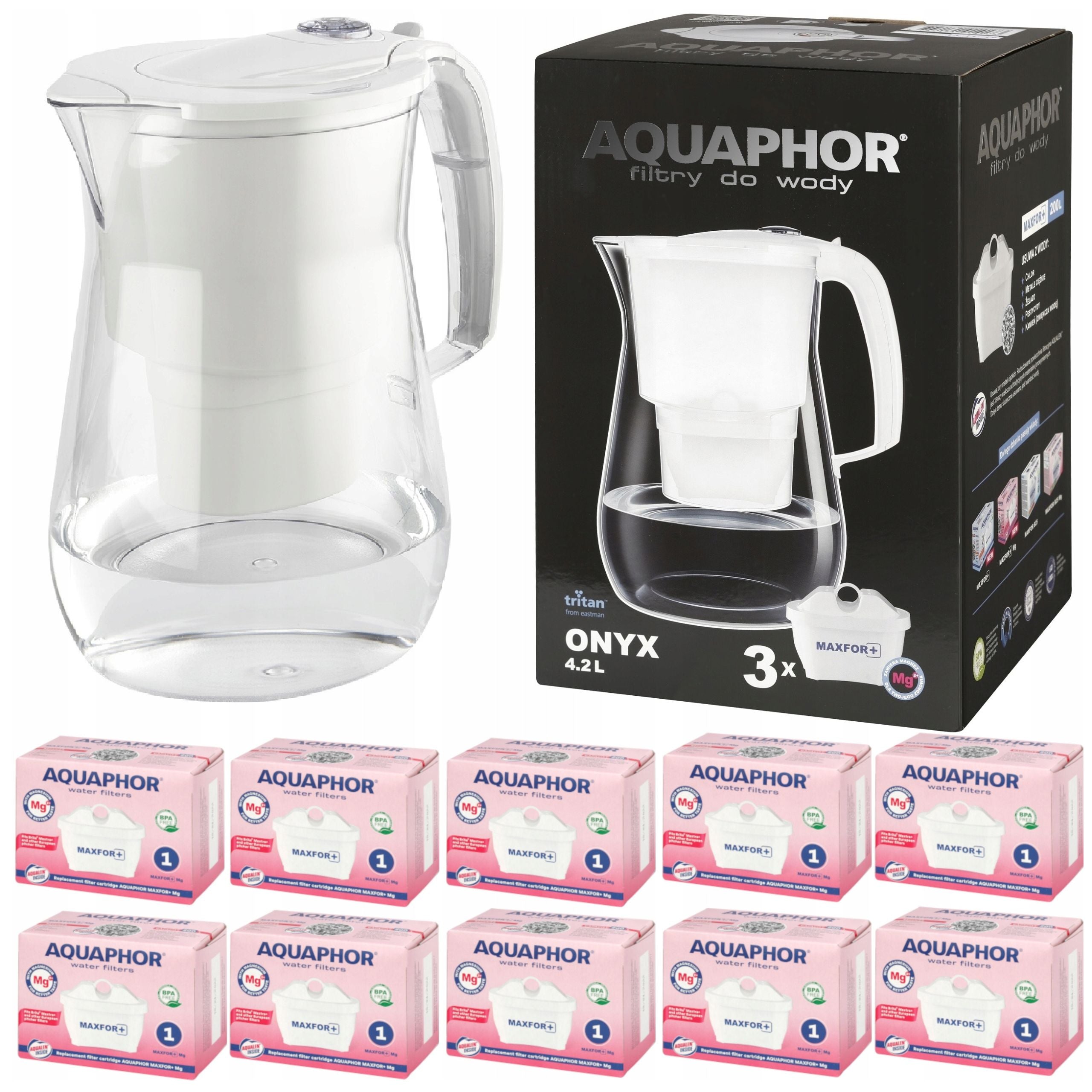 Filter jug AQUAPHOR ONYX white + filter set (10 x Maxfor Mg)