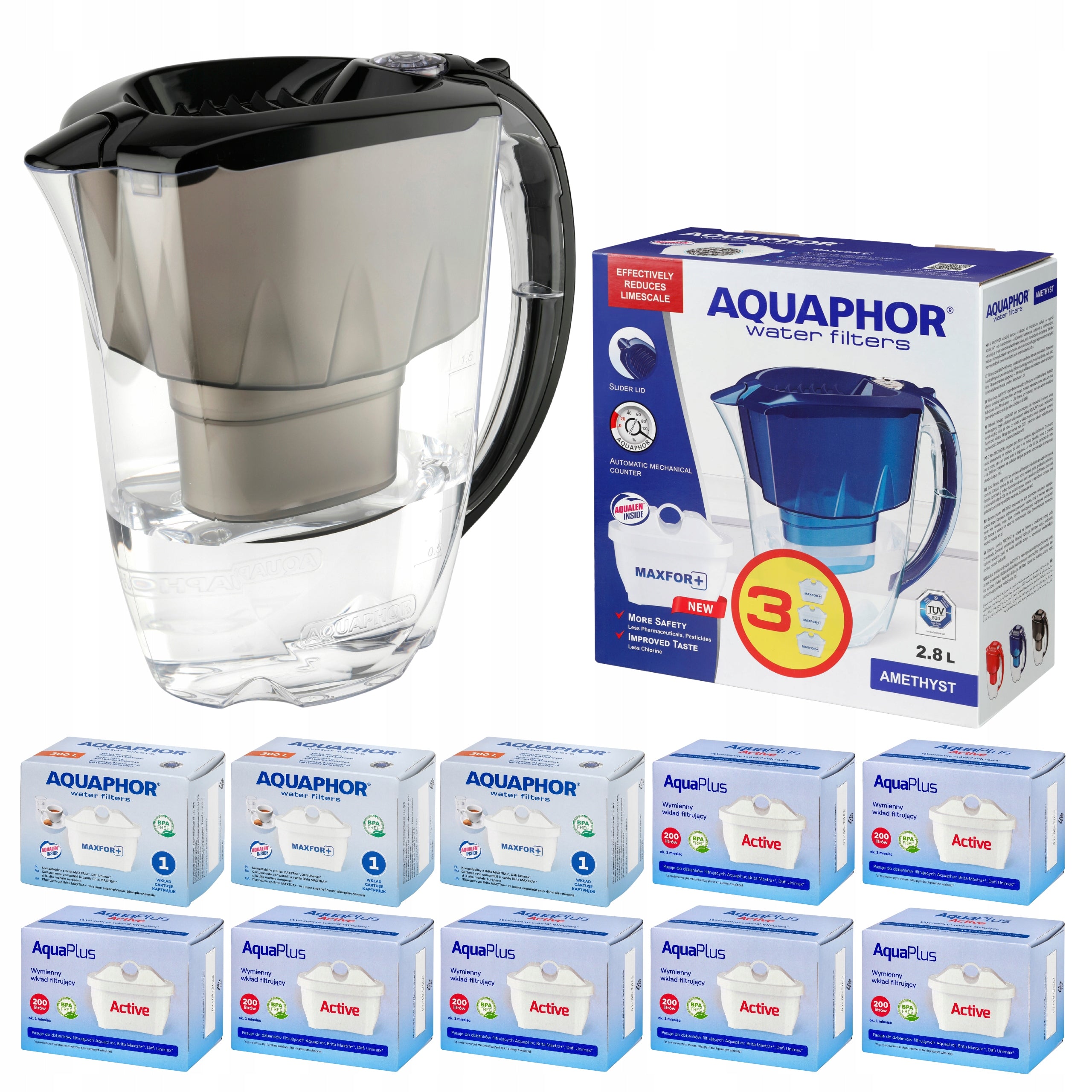 Filter jug Aquaphor Amethyst 2,8l + 10 cartridges (3 + 7), black