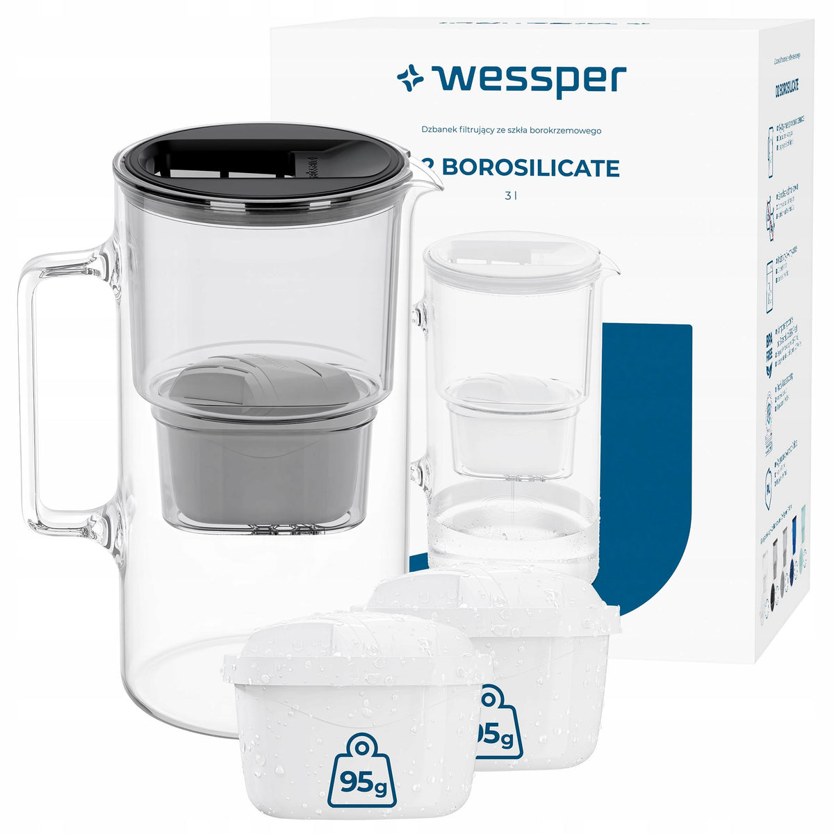 Filter jug Wessper D2 BOROSILICATE 3l black + 3x filter