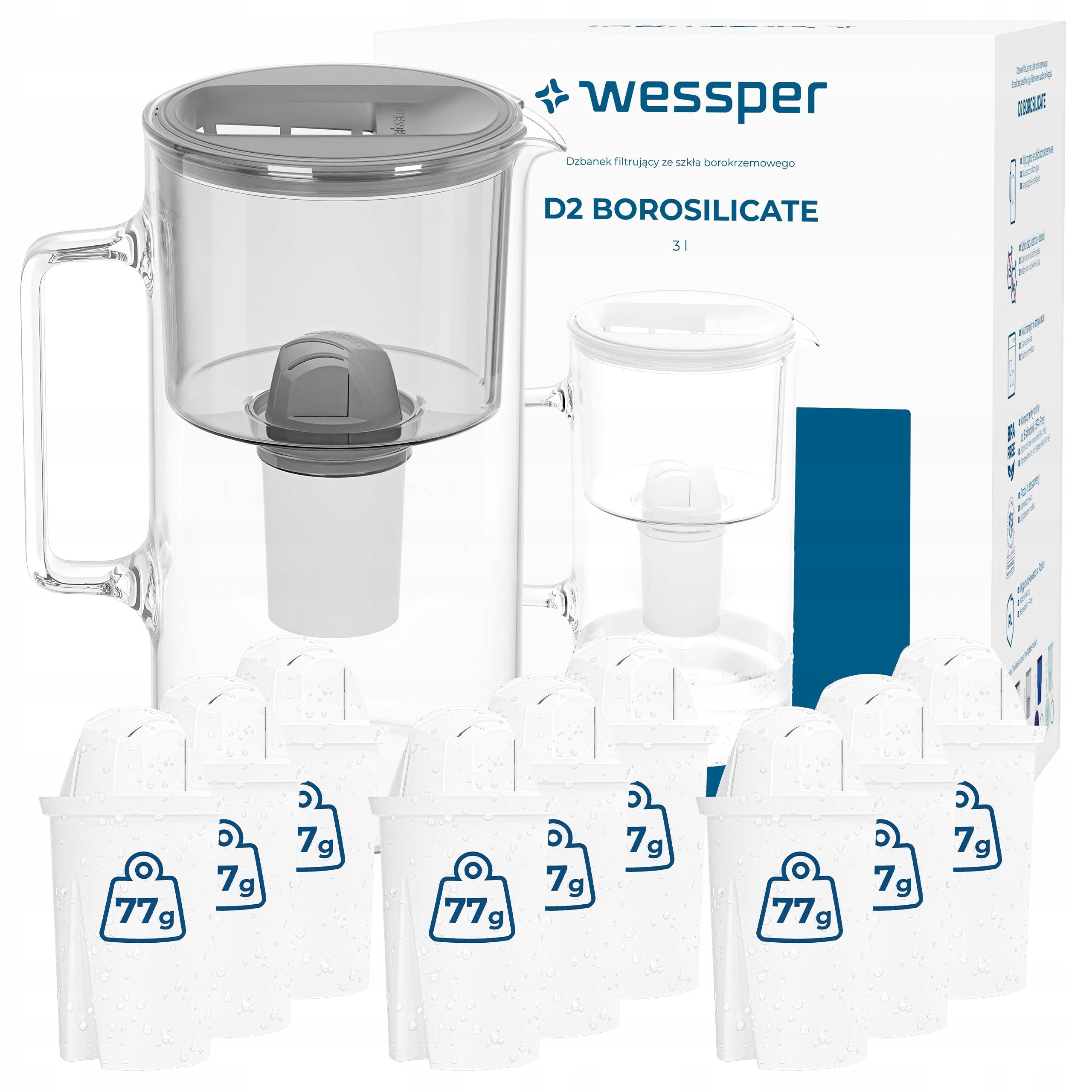 Filter jug Wessper D2 BOROSILICATE 3l grey + 10x water filter