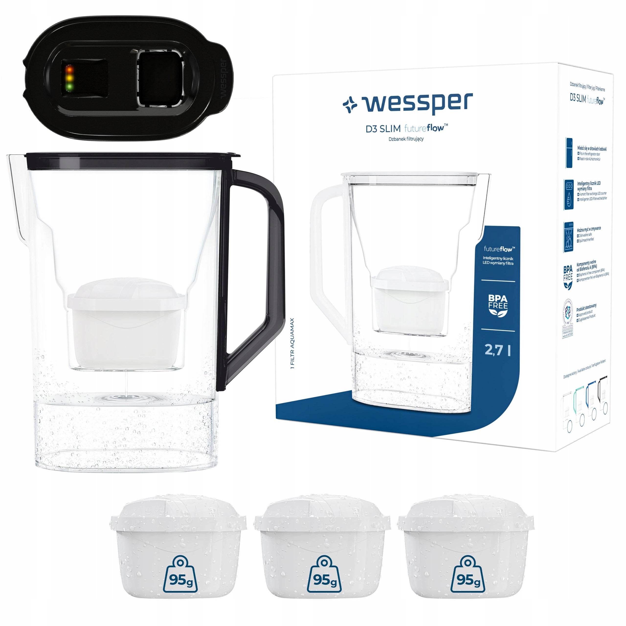 Filter jug Wessper D3 SLIM FutureFlow LED + 4x water filter Wessper