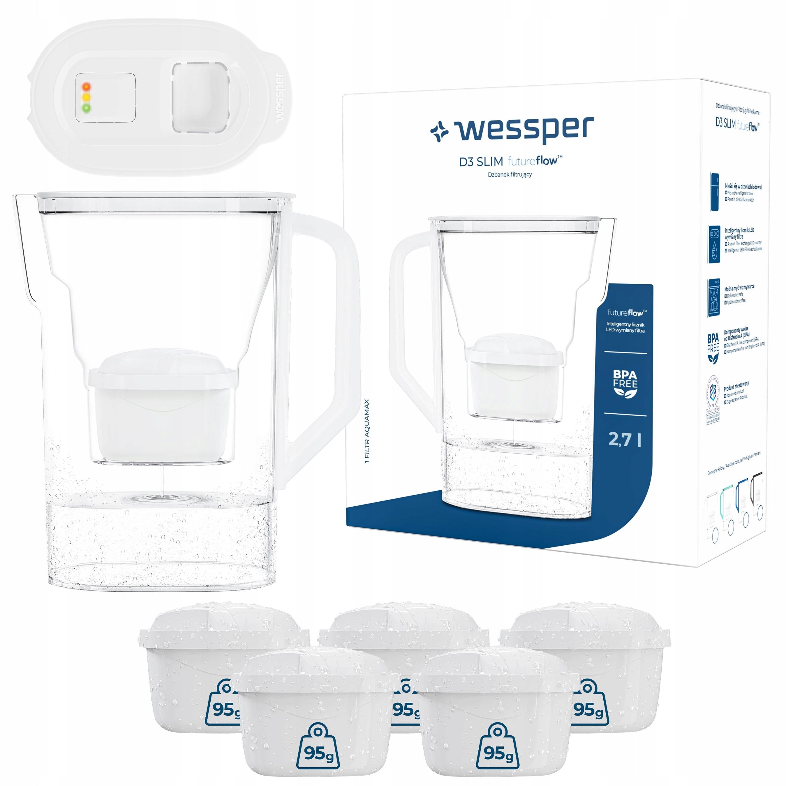 Filter jug Wessper D3 SLIM FutureFlow LED + 6x water filter Wessper