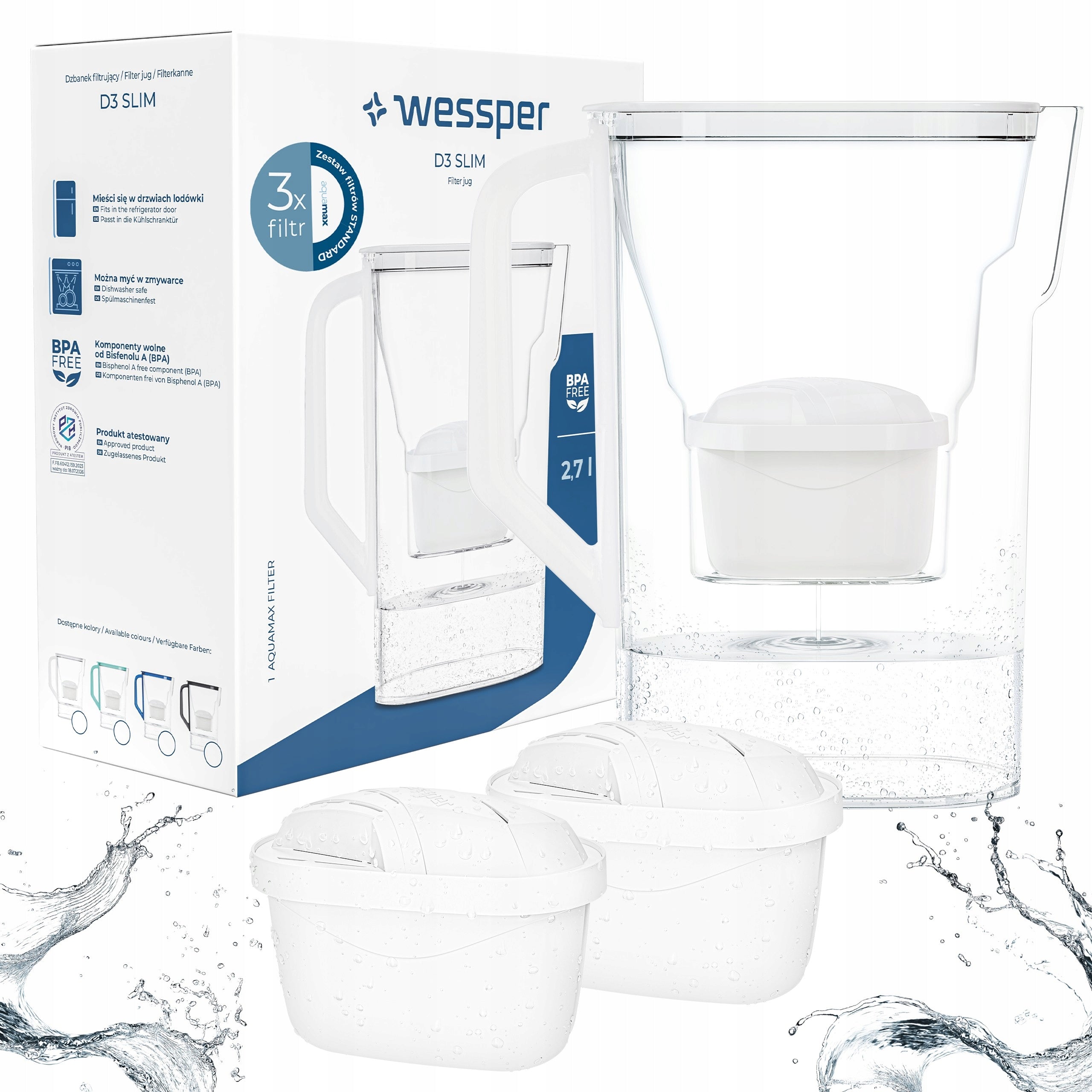 Filter jug Wessper D3 Slim Aquamax 2,7l - set of 3x water filter