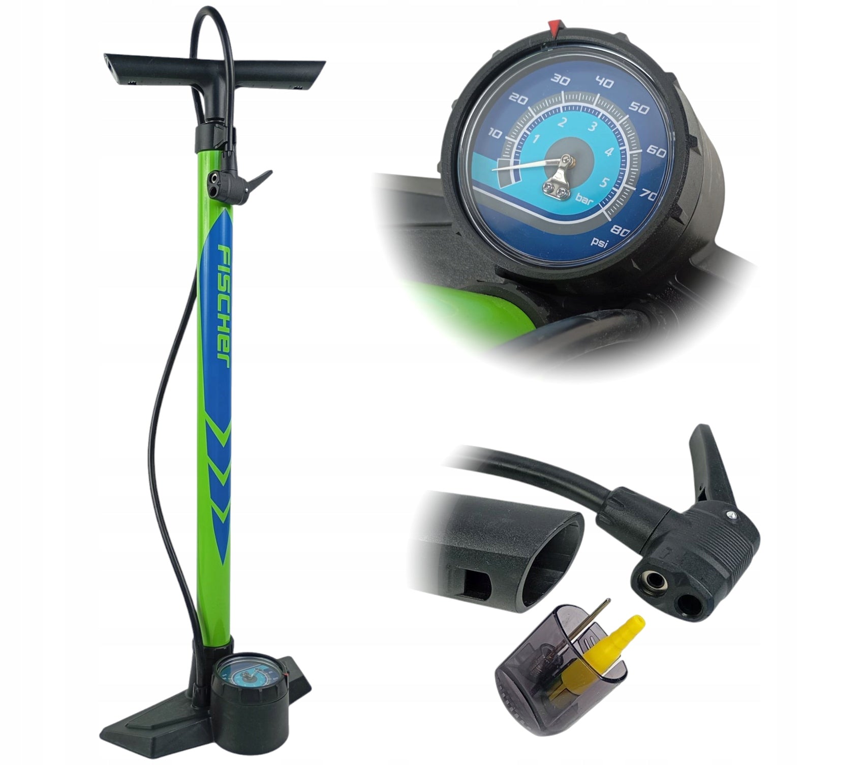 Fischer Bicycle Pump Handheld Floor Car Pressure Gauge 5,5 Bar