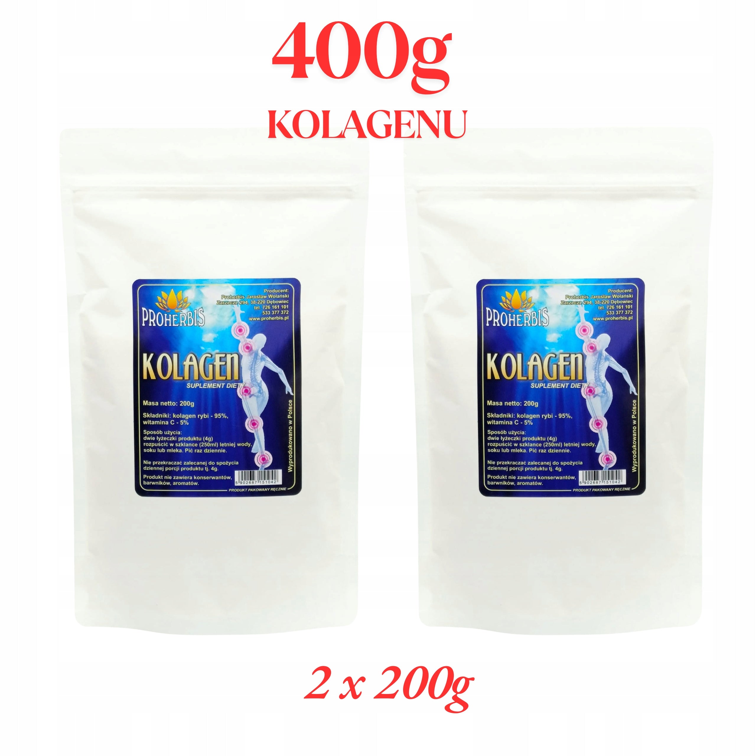 Fish collagen 400g (2x200g) powder with vitamin C for joints skin hair Proherbis