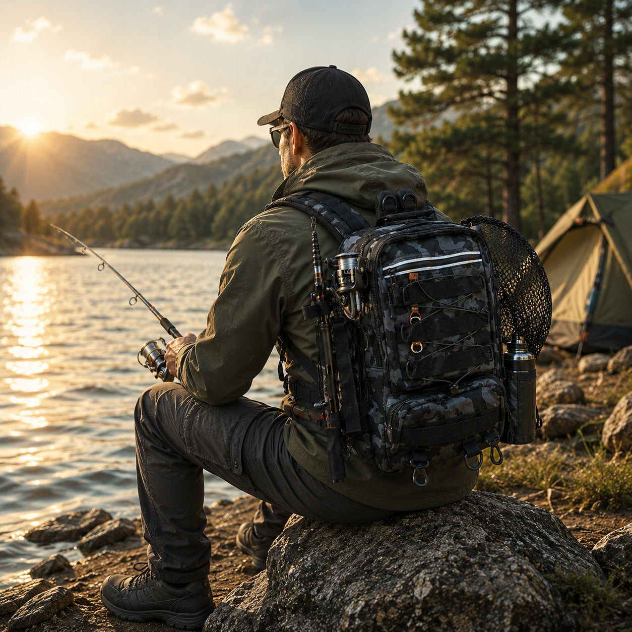 Fishing Backpack Bag with Rod Holder, Fishing Rod Reel Tackle Bag Manufacturer code AGP-FBP001