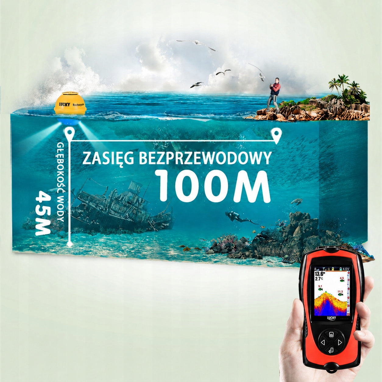 Fishing sounder Sonar Lucky FF1108-1CWLA- for fish range: 100 m. Manufacturer code FFW718 do łódka zanętowa wędkarska żółty