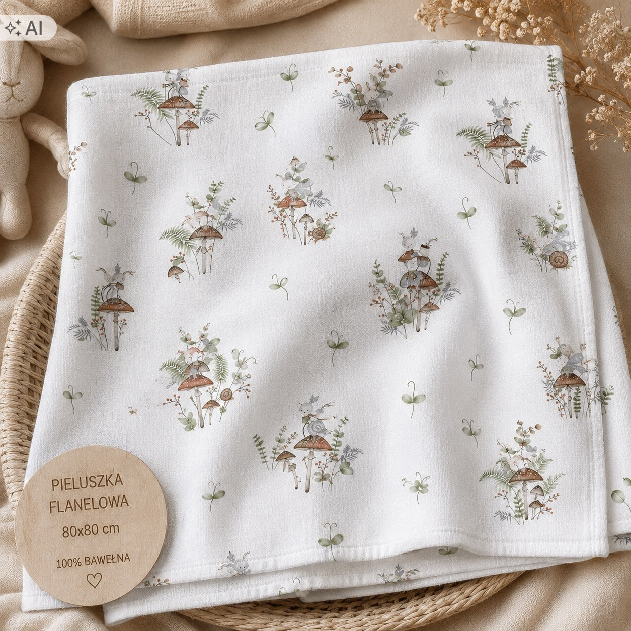 Flannel Diaper 80x80 – MUSHROOMS| 100% Cotton