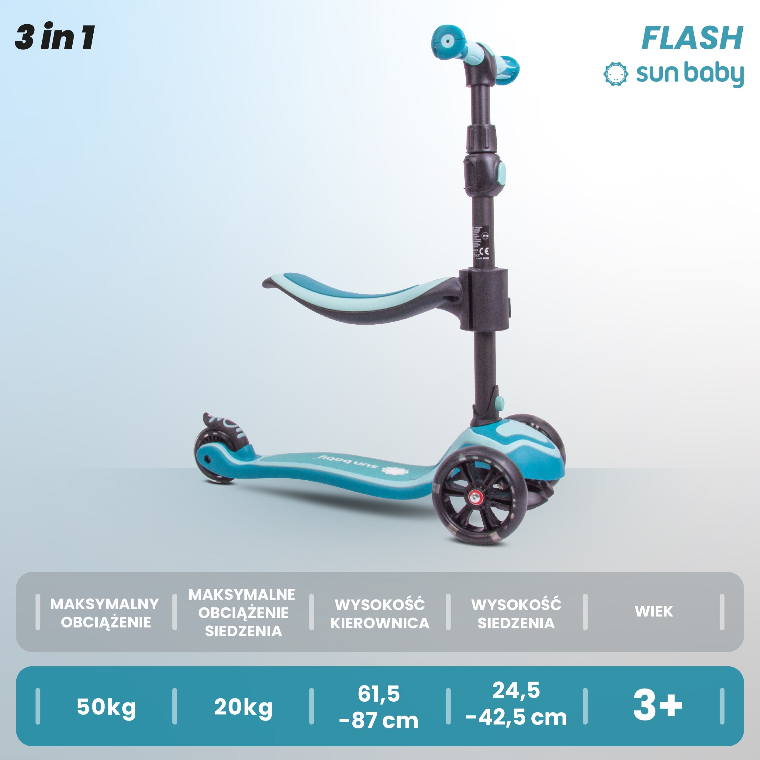 Flash 3in1 LED Balance Tricycle Scooter Adjustable 50kg for Kids Brake yes
