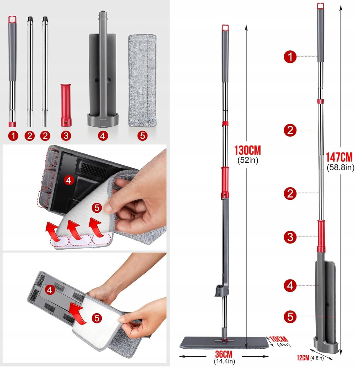 Flat Mop Floor Cleaning Extrusion System 6 Overlays 130cm Grey Brand no brand