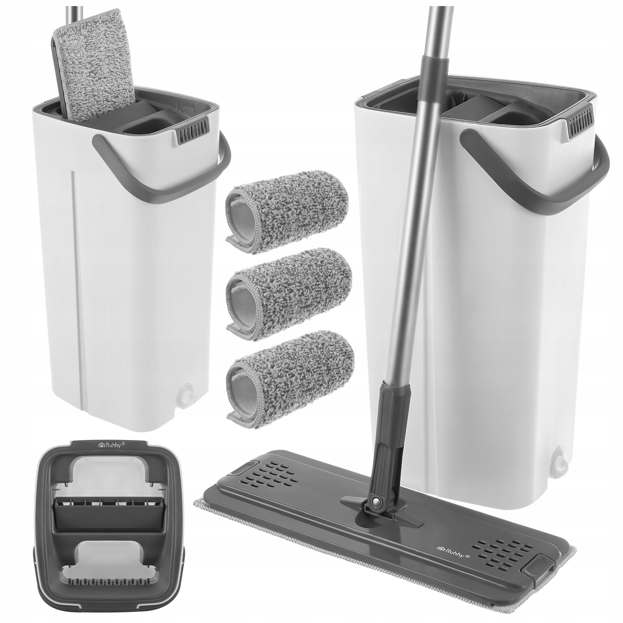 Flat Mop with Squeezer 2 Chambers Clean Dirty Water Bucket 8,5L +3 Overlays