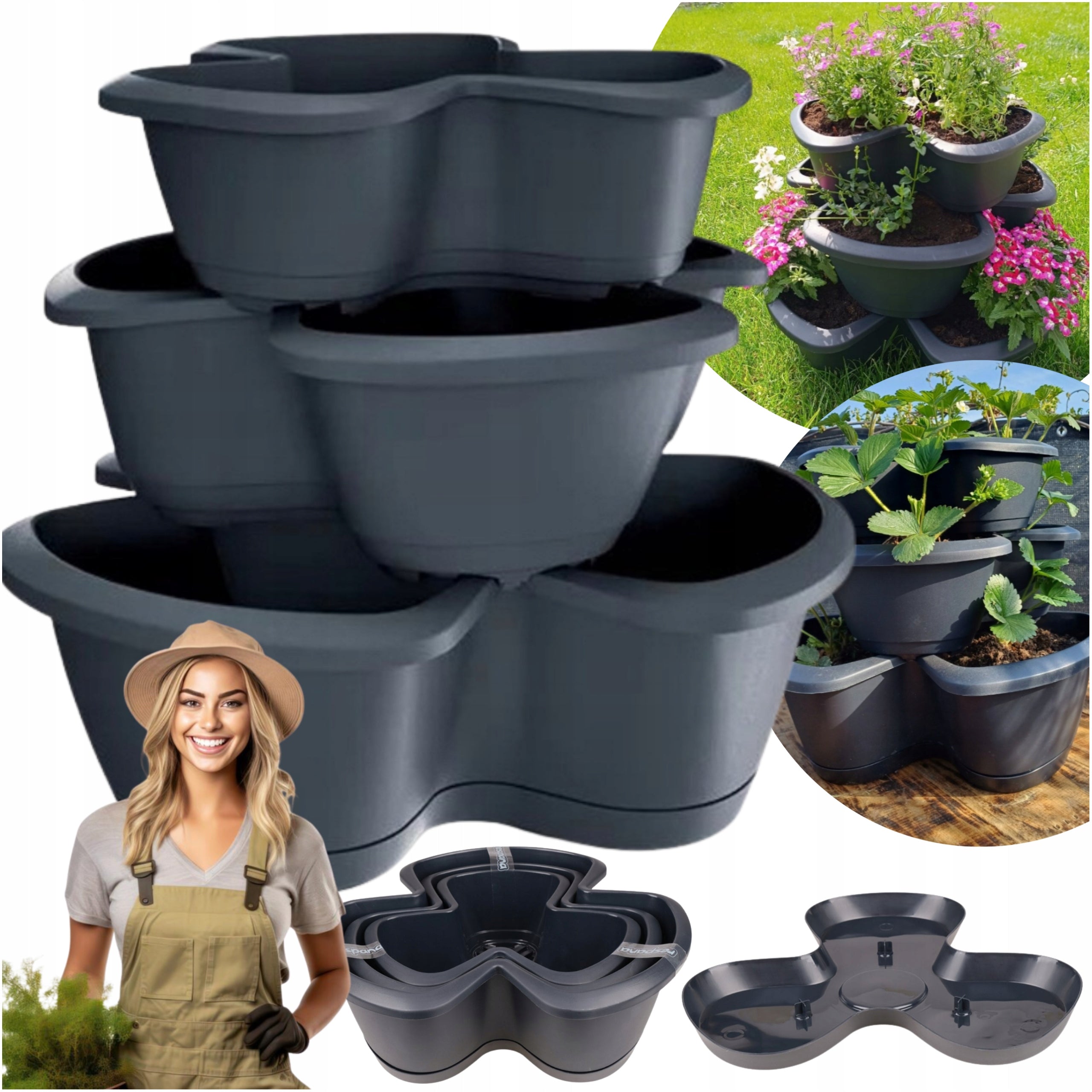 Floor Flower Pot Plastic Cascading Respana Anthracite Flowers Herbs 3pcs.