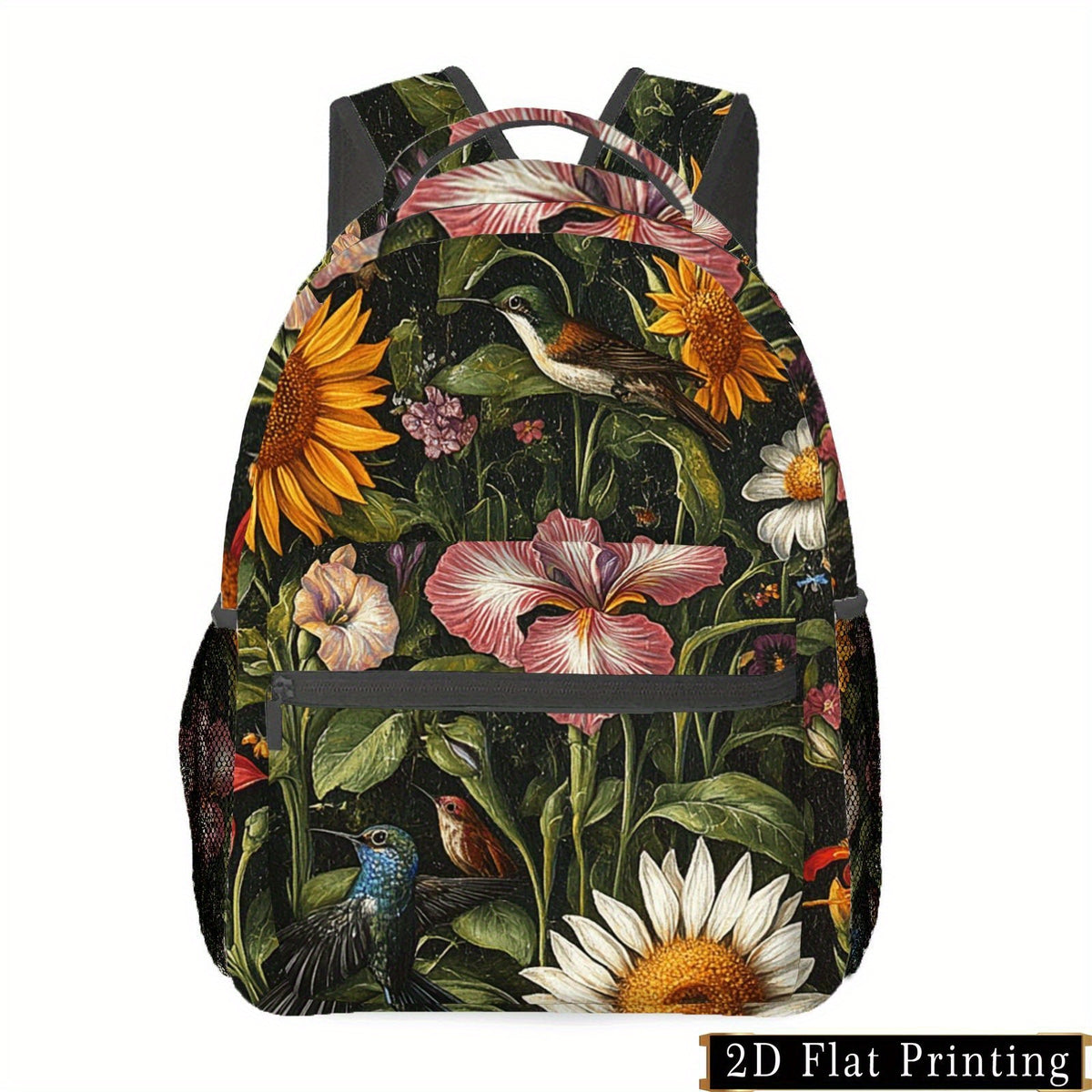 Floral Bird Print Backpack with Adjustable Strap, Side Pockets - Ideal for School and Travel