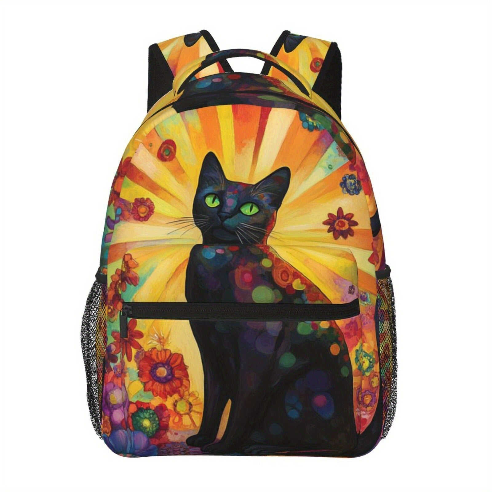 Floral Cat Print Backpack - Large Capacity, Multi-Compartment, Adjustable Strap