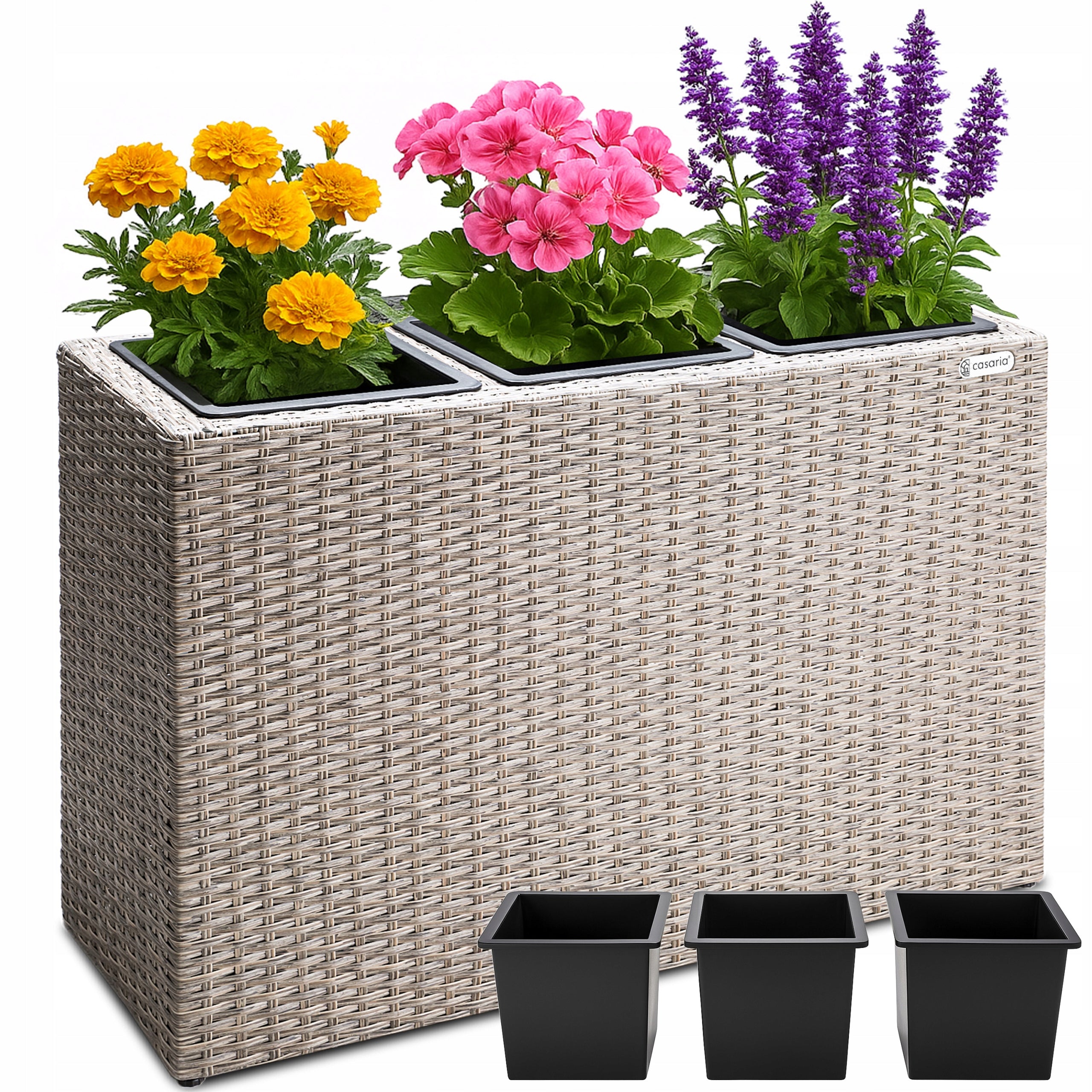 Flower Pot Garden Planter Ratan 3x Removable Cartridges Beige 83x31x60cm