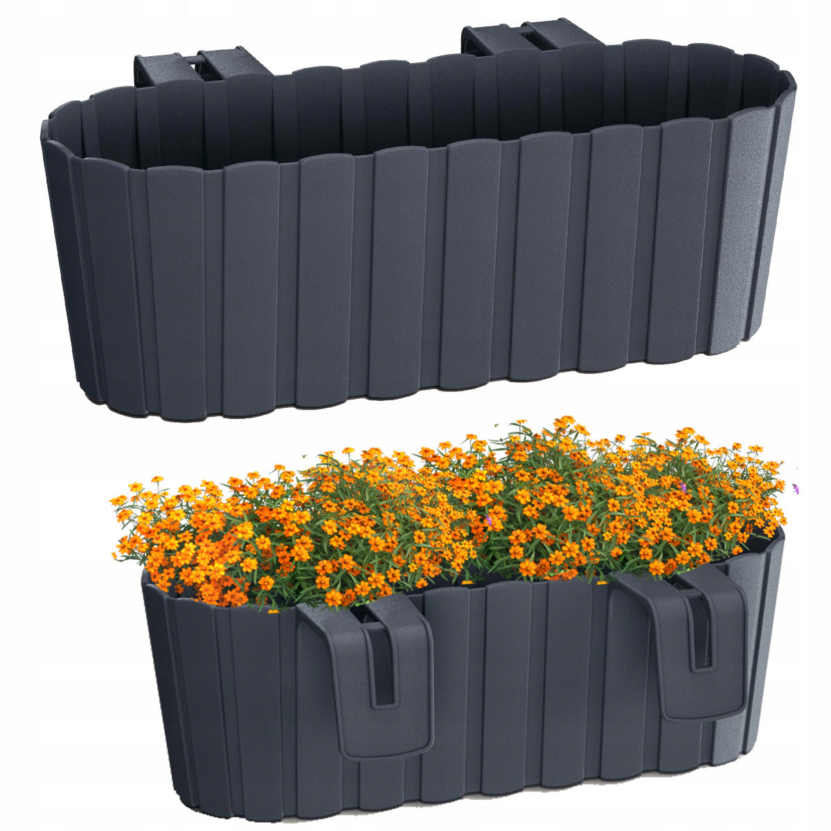 Flower pot OVAL BALCONY FOR RAILING HOOKS anthracite BOX Material synthetic material