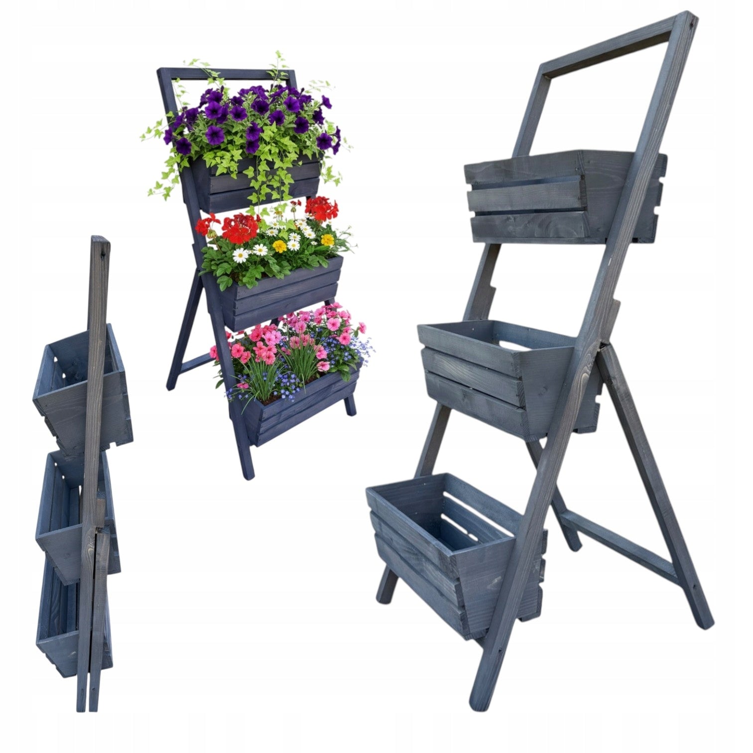 Flower stand wooden folding flower stand herbs 3 boxes grey 107cm