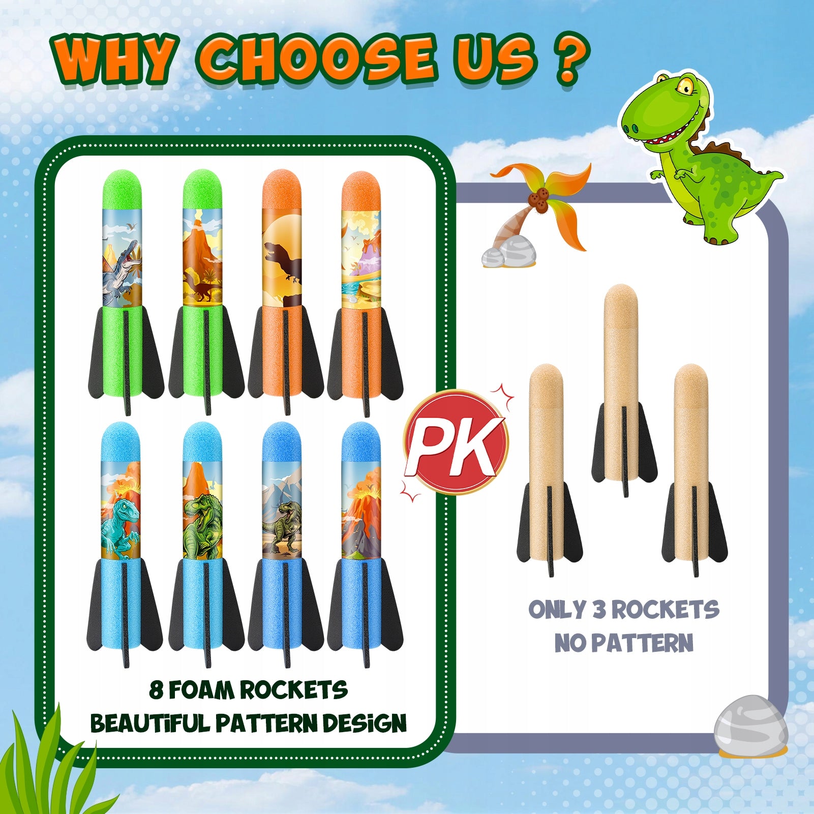 Foam rocket launcher, dinosaur set, 6 elements. Packaging status original
