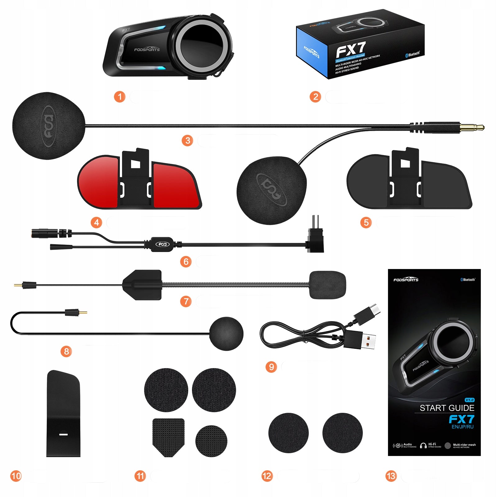 Fodsports FX7 Mesh System INTERCOM BT 5.4 FOR 10 MOTORCYCLISTS DUAL CORE+FM Packaging status original
