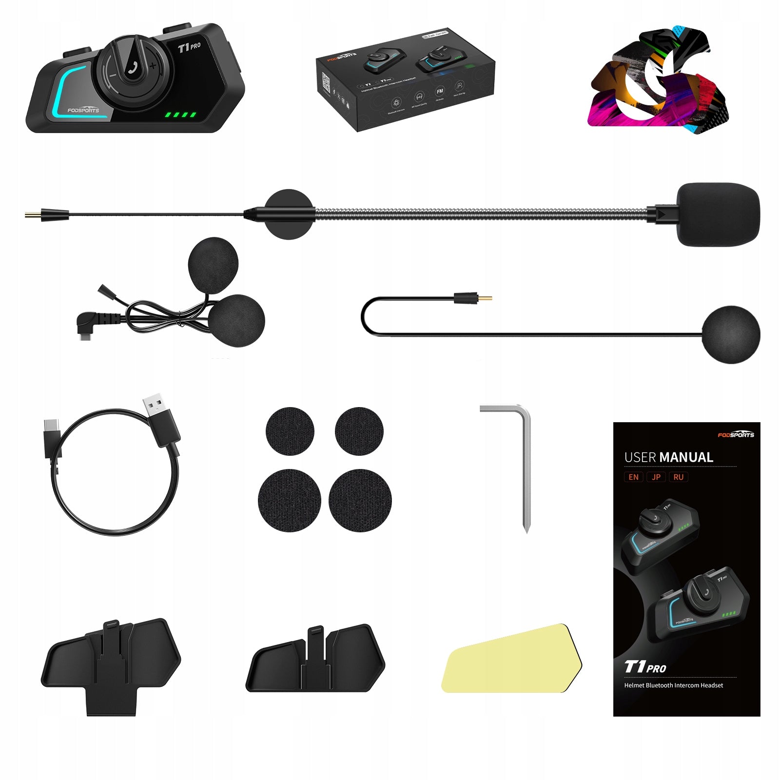 Fodsports T1 PRO Motorcycle Intercom max.6-person connect, 5 Stickers Packaging status original