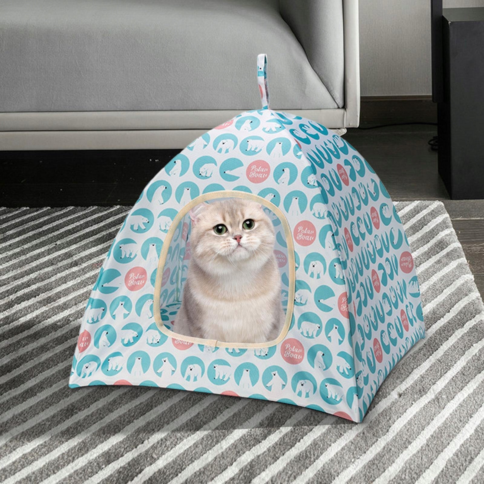 Foldable Cat Tent Portable Summer Semi Enclosed Rest and Play S Blue Color transparent