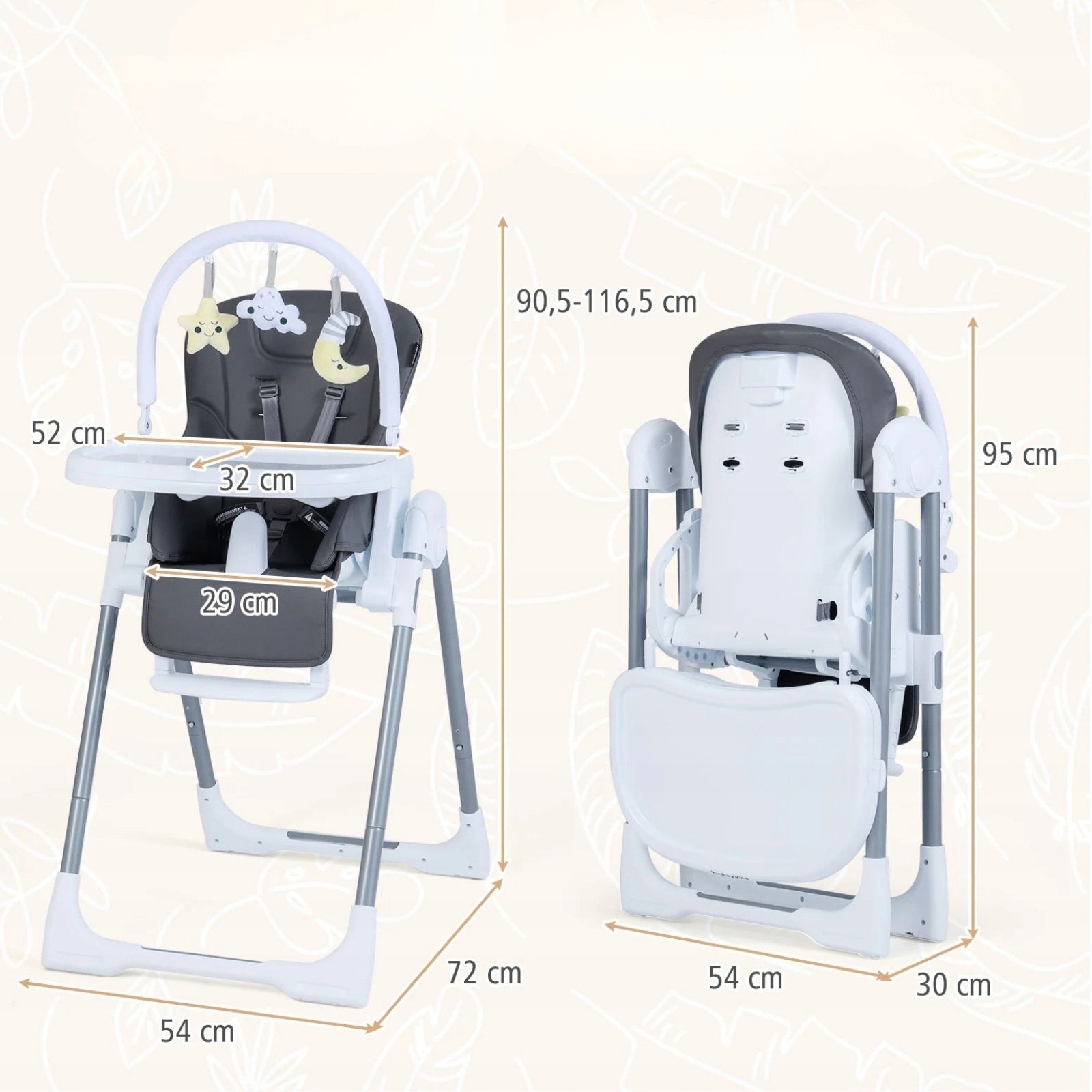 Folding Baby Highchair for Feeding Color shades of gray and silver