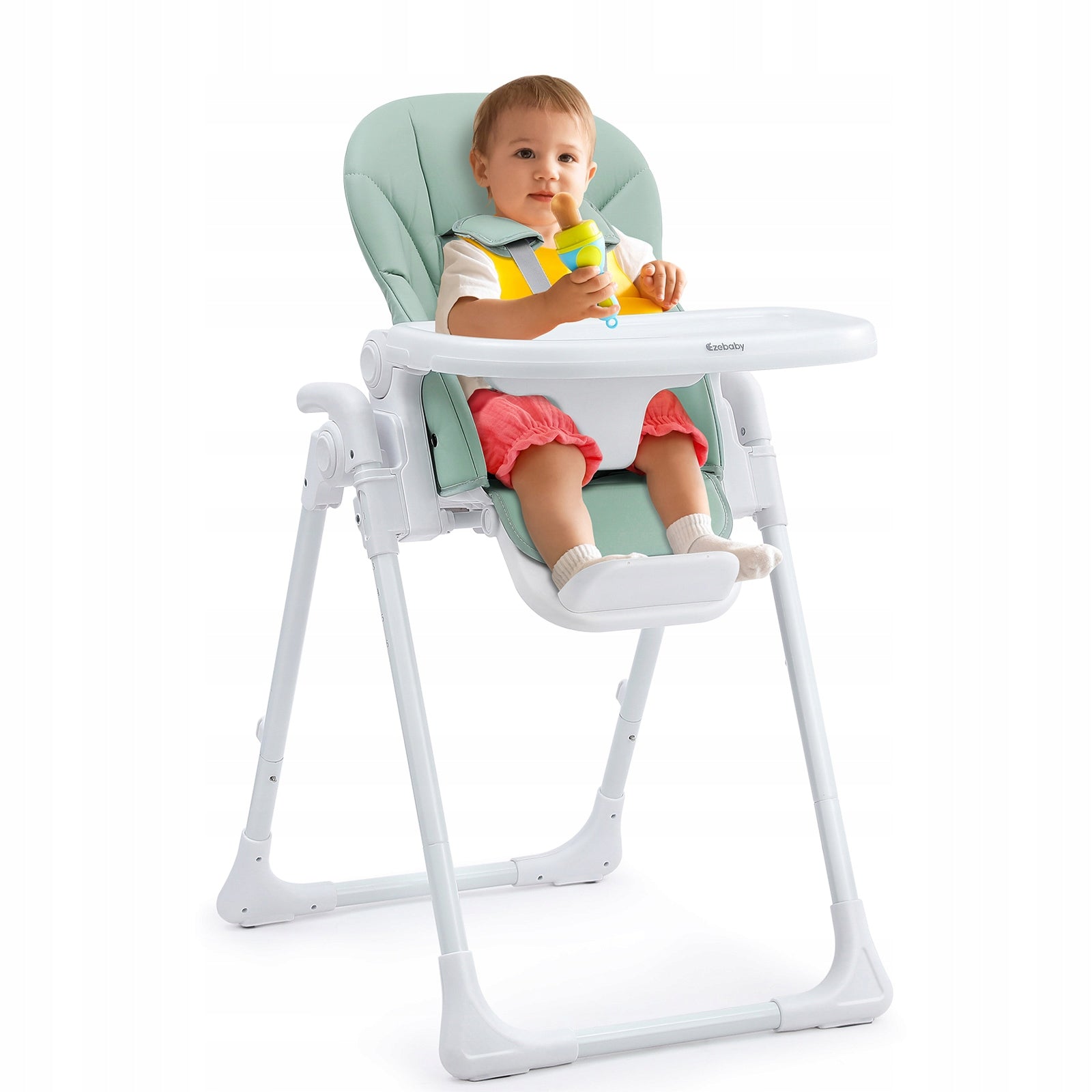 Folding Children's High Chair, 6 Heights, Adjustable Backrest, (Green)