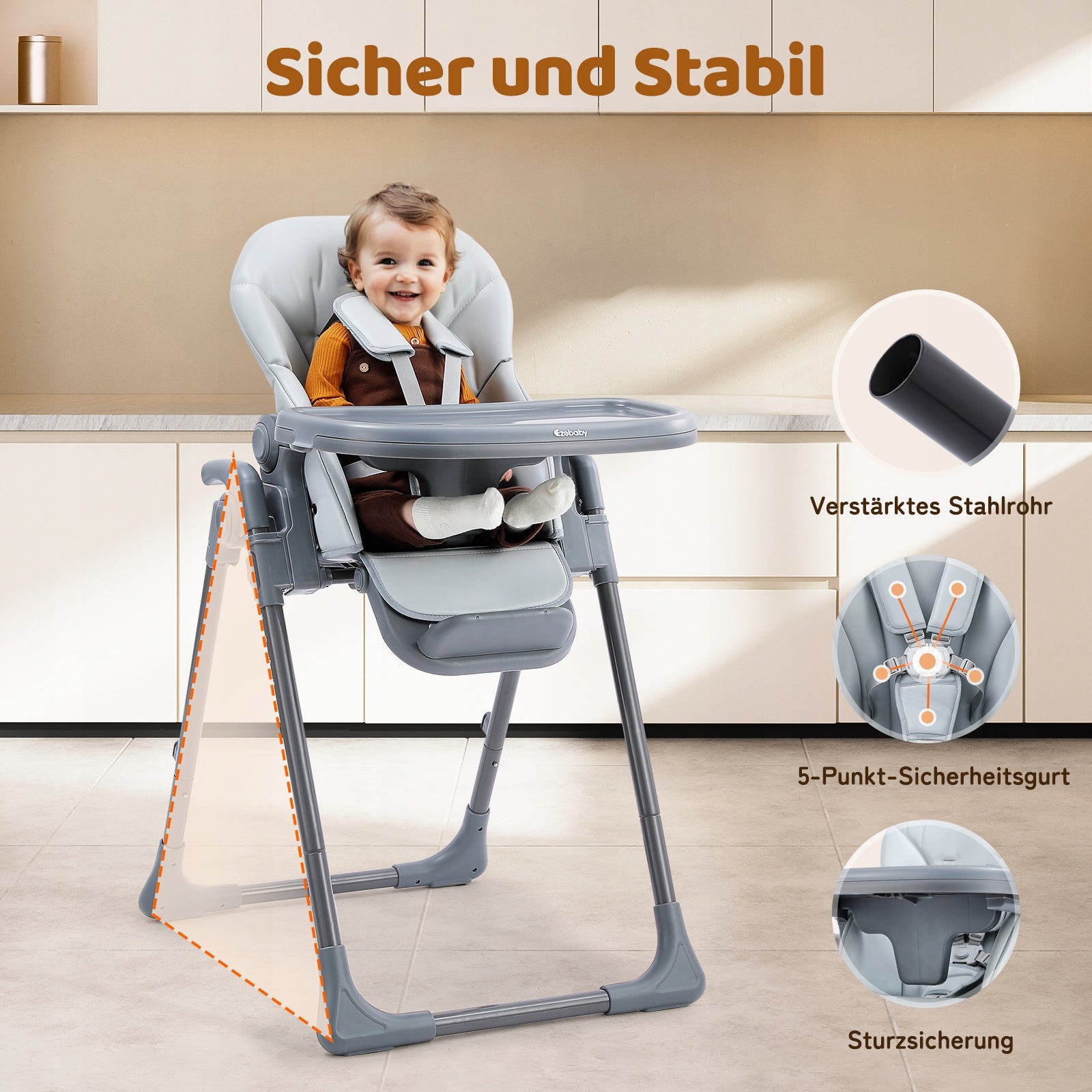 Folding Children's High Chair, 6 Heights, Adjustable Backrest, (Grey) Manufacturer code Ezebaby