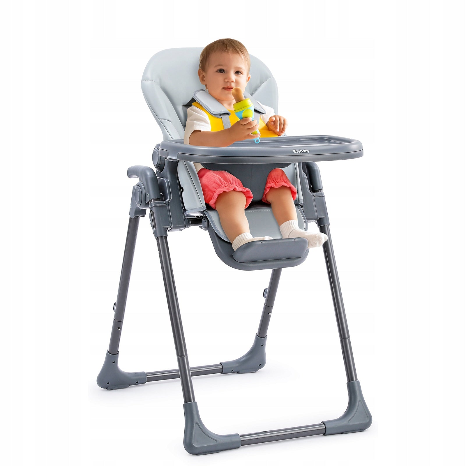Folding Children's High Chair, 6 Heights, Adjustable Backrest, (Grey)