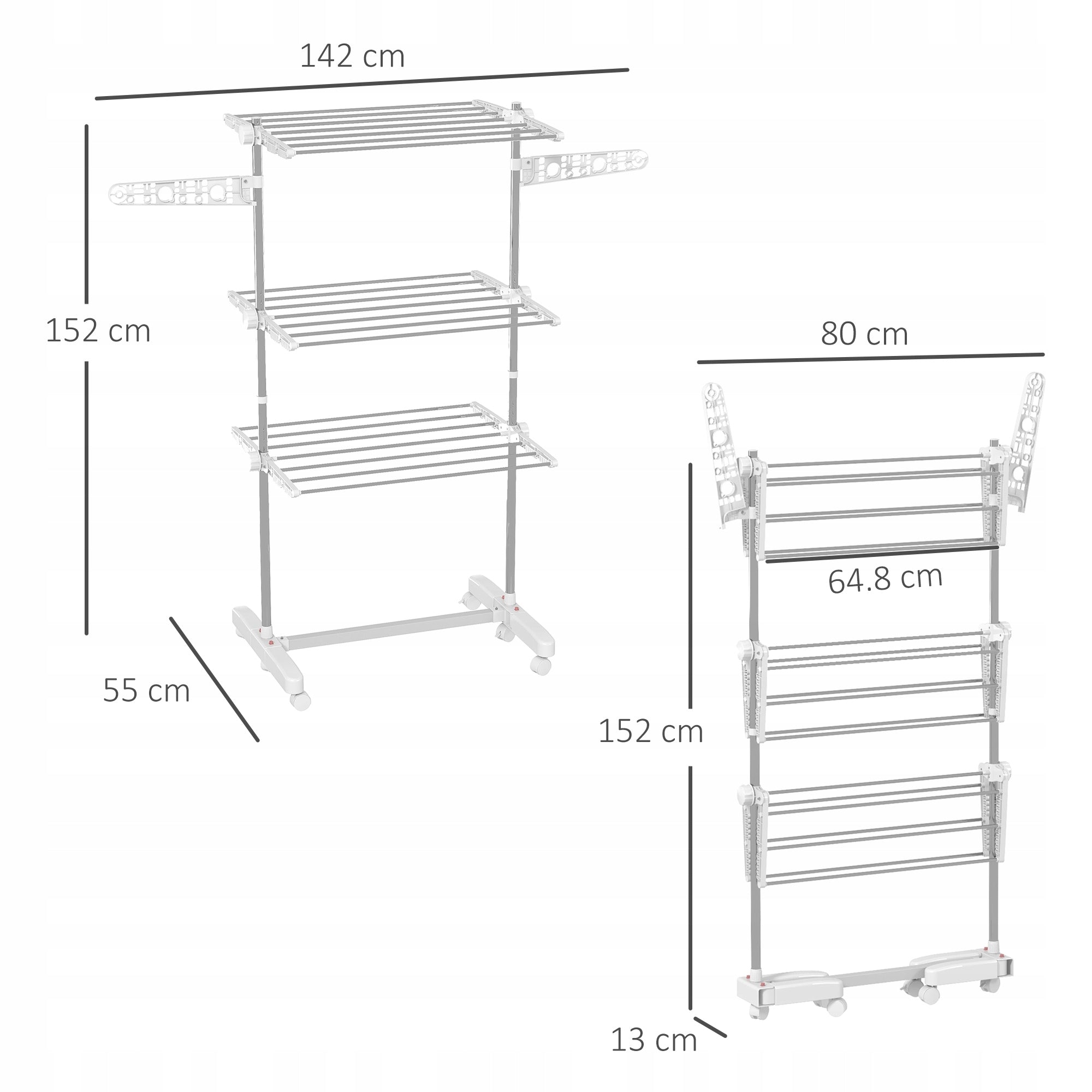 Folding Laundry Rack 3 Levels Adjustable Length 80-142 cm Unfolded width 1 cm