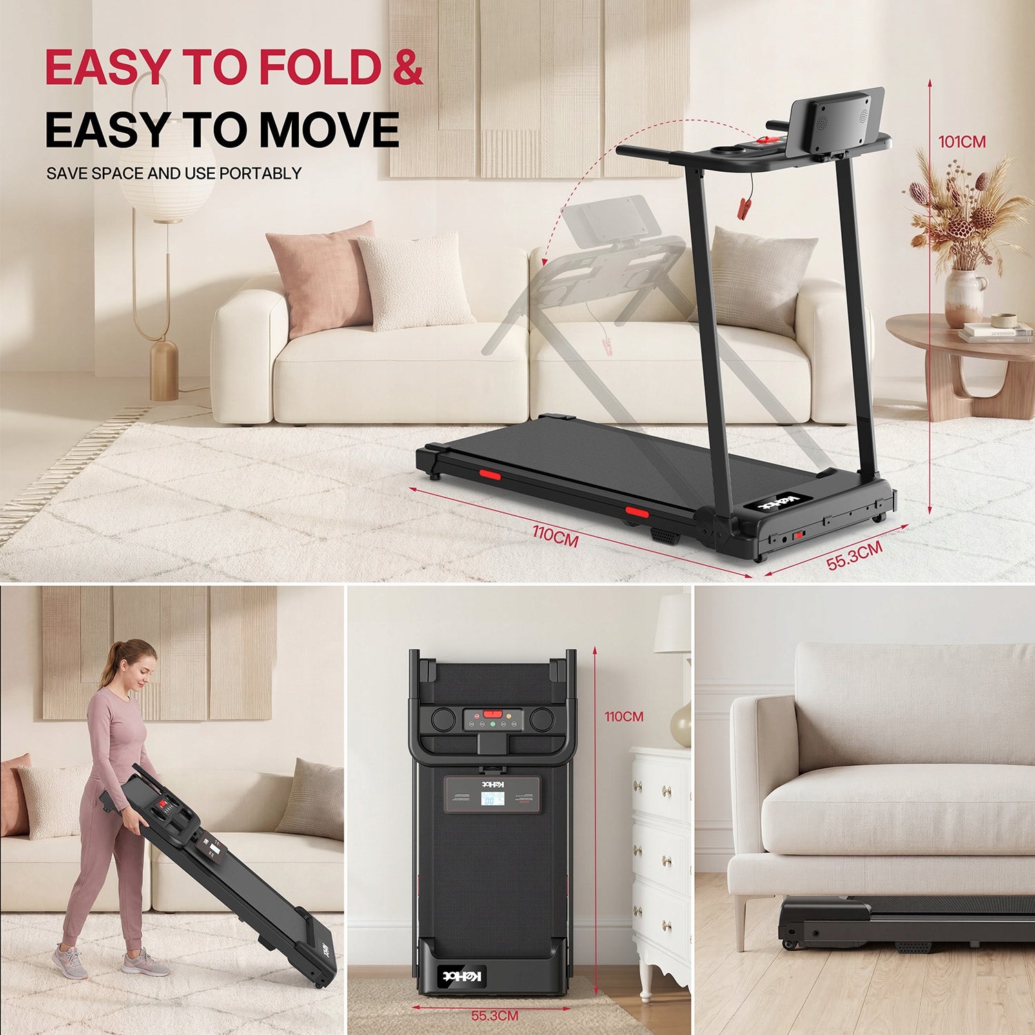 Folding Treadmills 1–10 km/h with Handrail, LCD, 12 Programs, 38x95 cm Packaging status original
