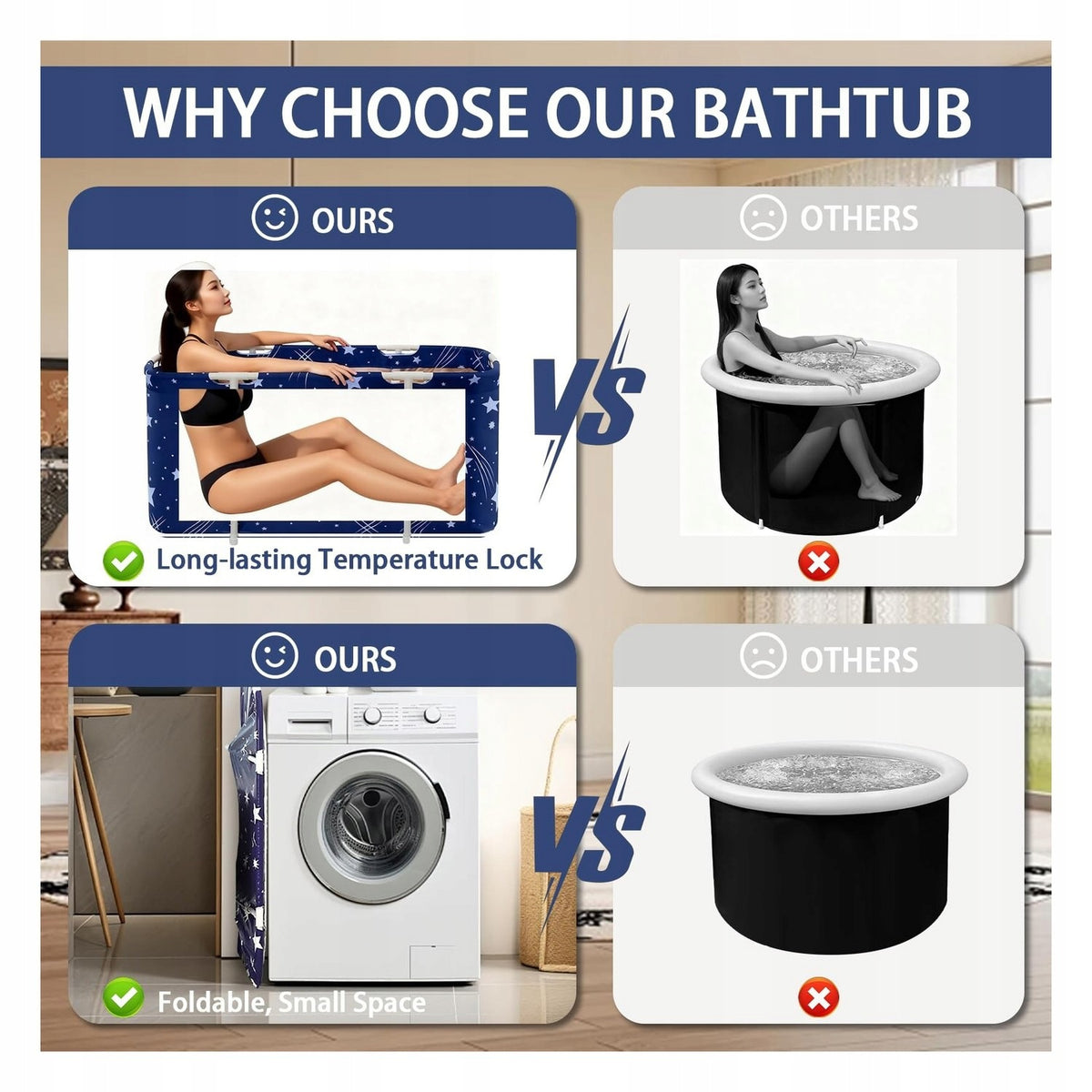 Folding bathtub for adults - portable with pillow - 120x55x50 cm Kind body