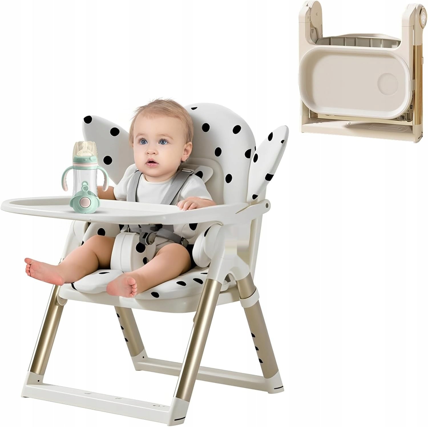 Folding children's chair with tray, elevation with 3-point belt.