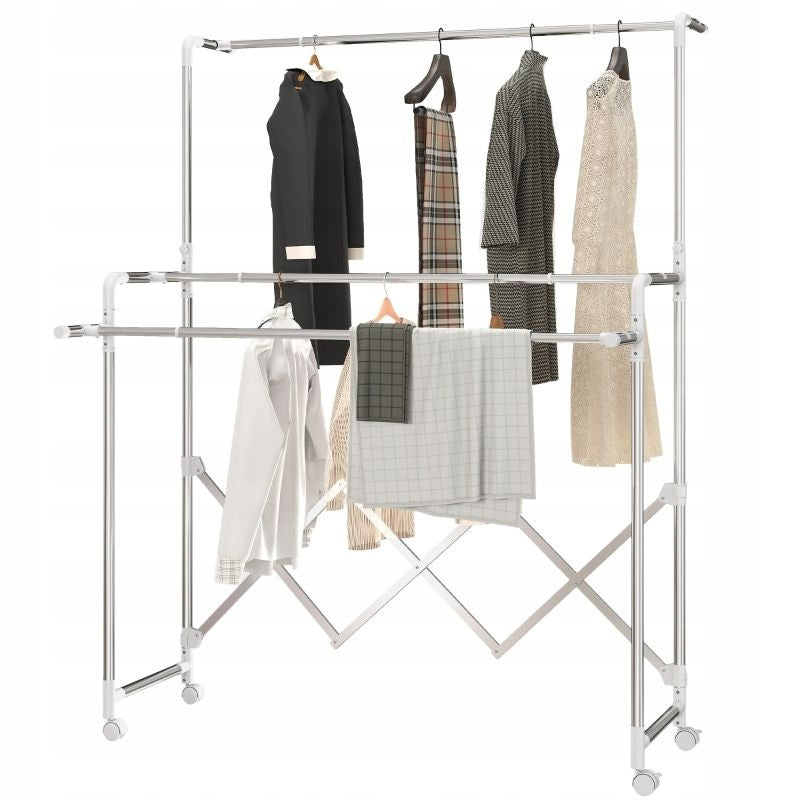Folding, freestanding clothes hanger with wheels