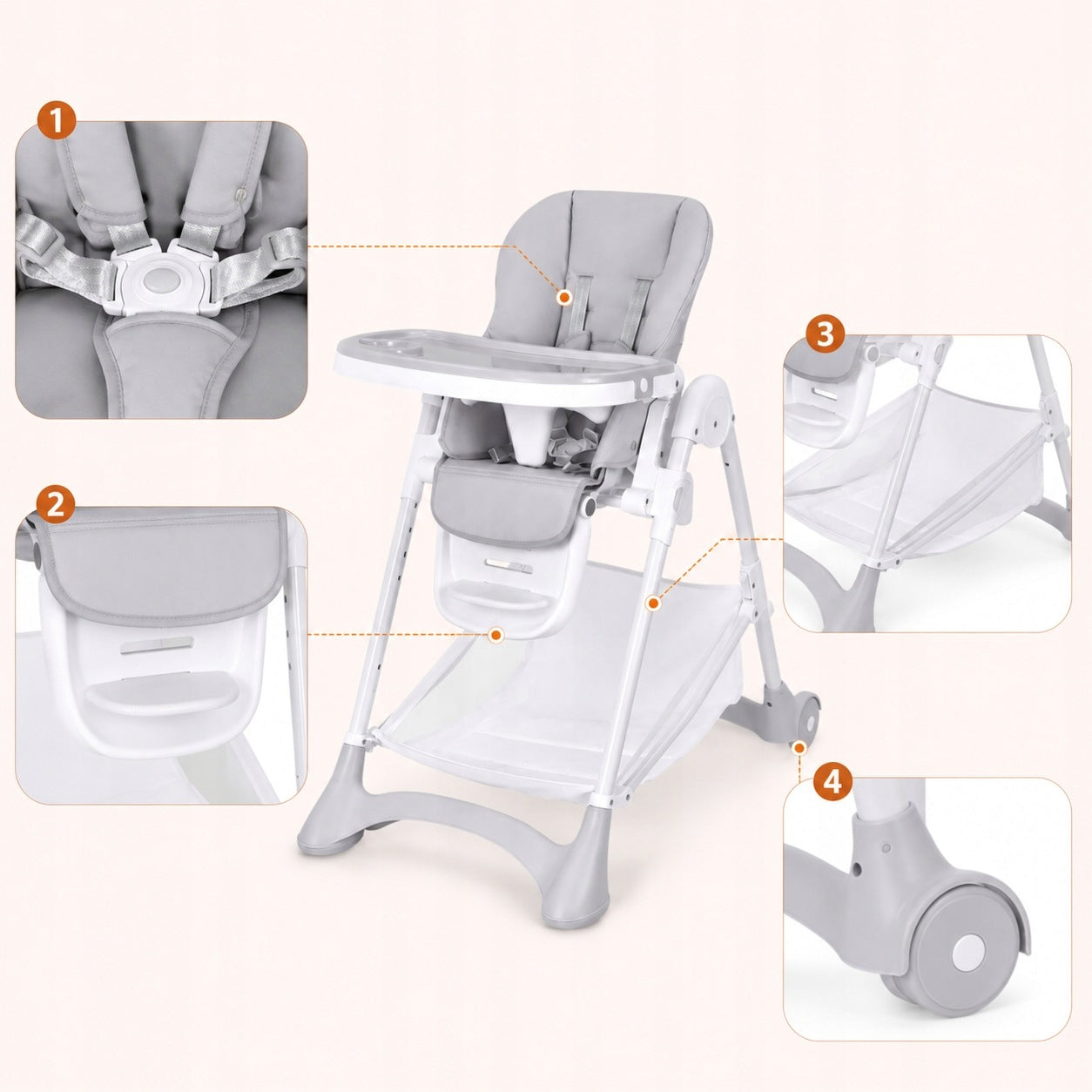 Folding high chair adjustable 6 heights Costway grey Packaging status original
