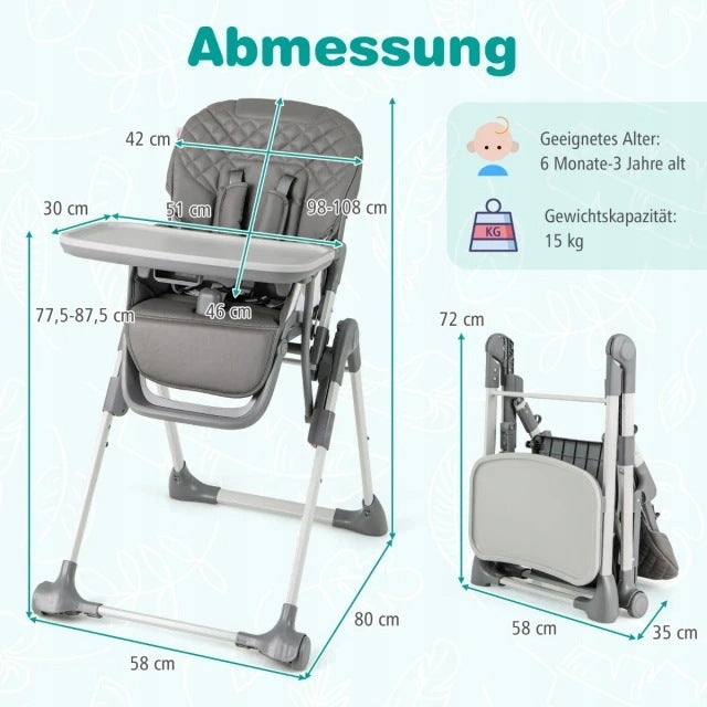 Folding high chair with height adjustable reclining position Brand Costway